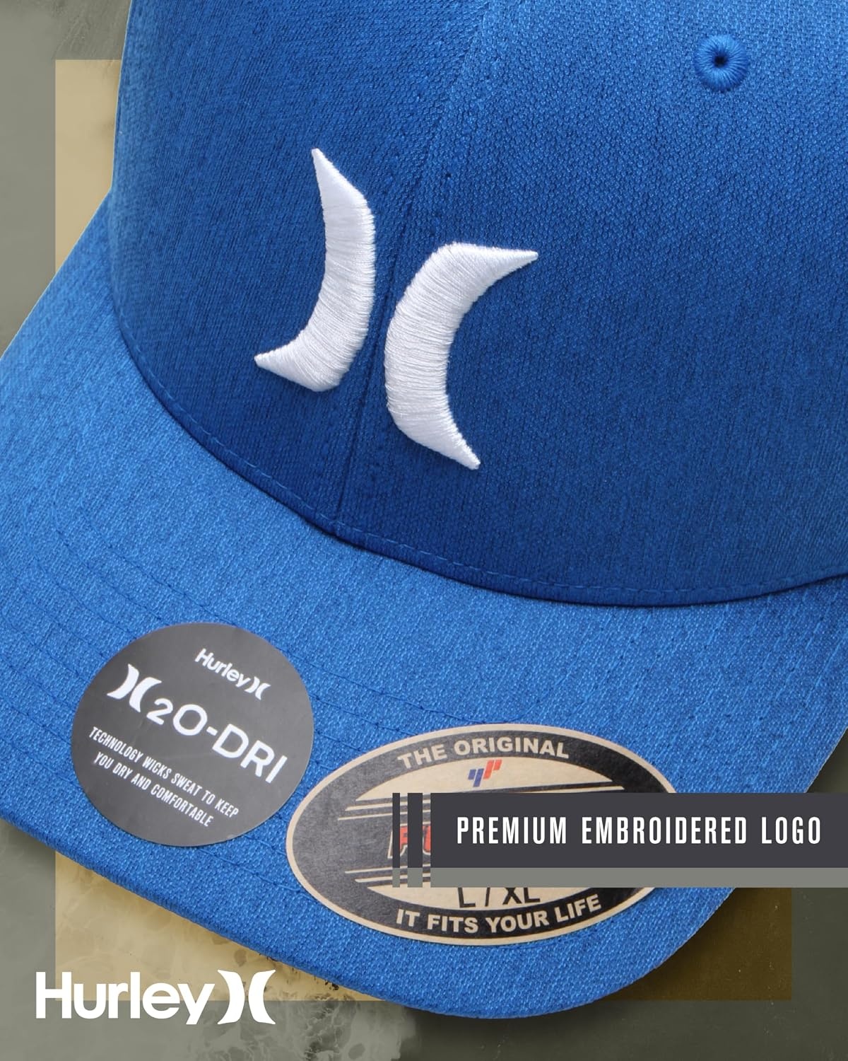 Hurley Mens Baseball Cap – Moisture Wicking Curved Brim Flexfit Fitted Hats for Men with H2O-Dri Sweatband (Sizes: S-XL)(Blue Beyond)