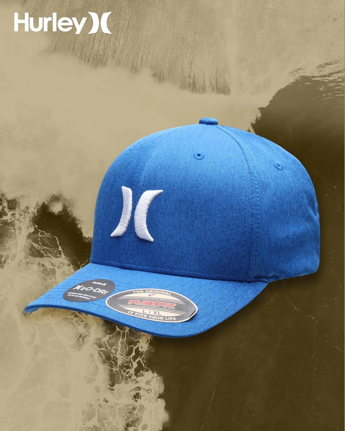 Hurley Mens Baseball Cap – Moisture Wicking Curved Brim Flexfit Fitted Hats for Men with H2O-Dri Sweatband (Sizes: S-XL)(Blue Beyond)