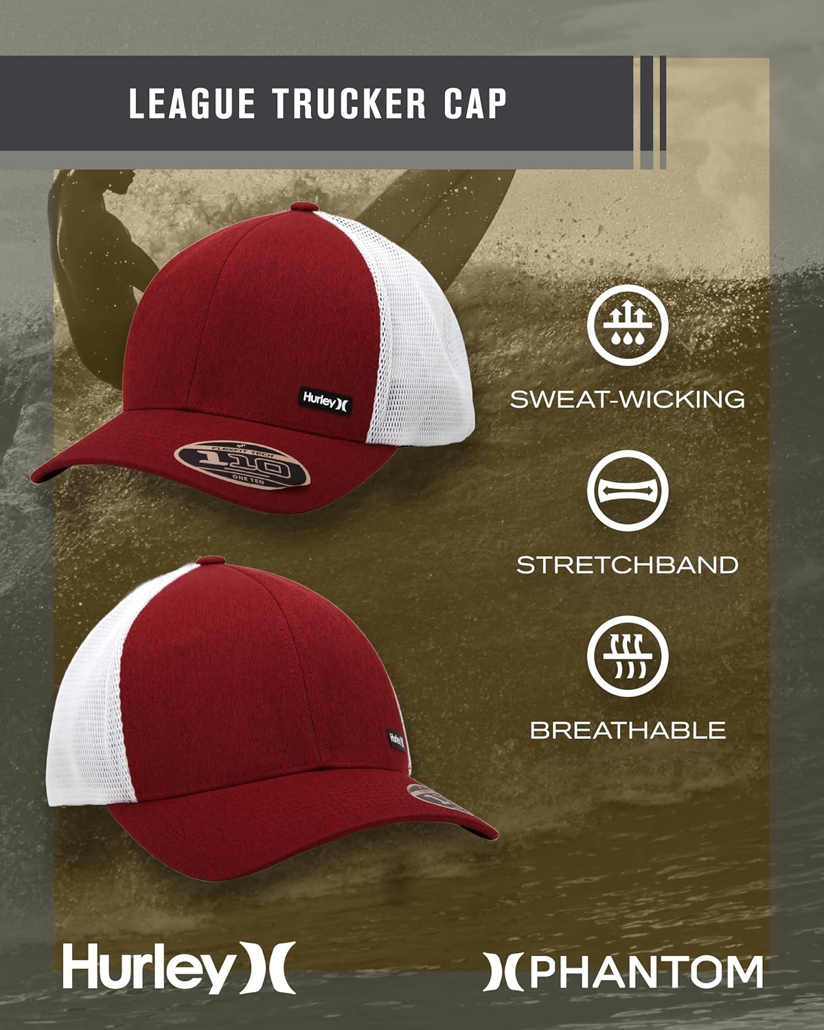 Hurley Men’s Caps – H2O-Dri League Baseball Caps for Men with Snapback Closure – Classic Mens Trucker Hats (S-XL)(Red)
