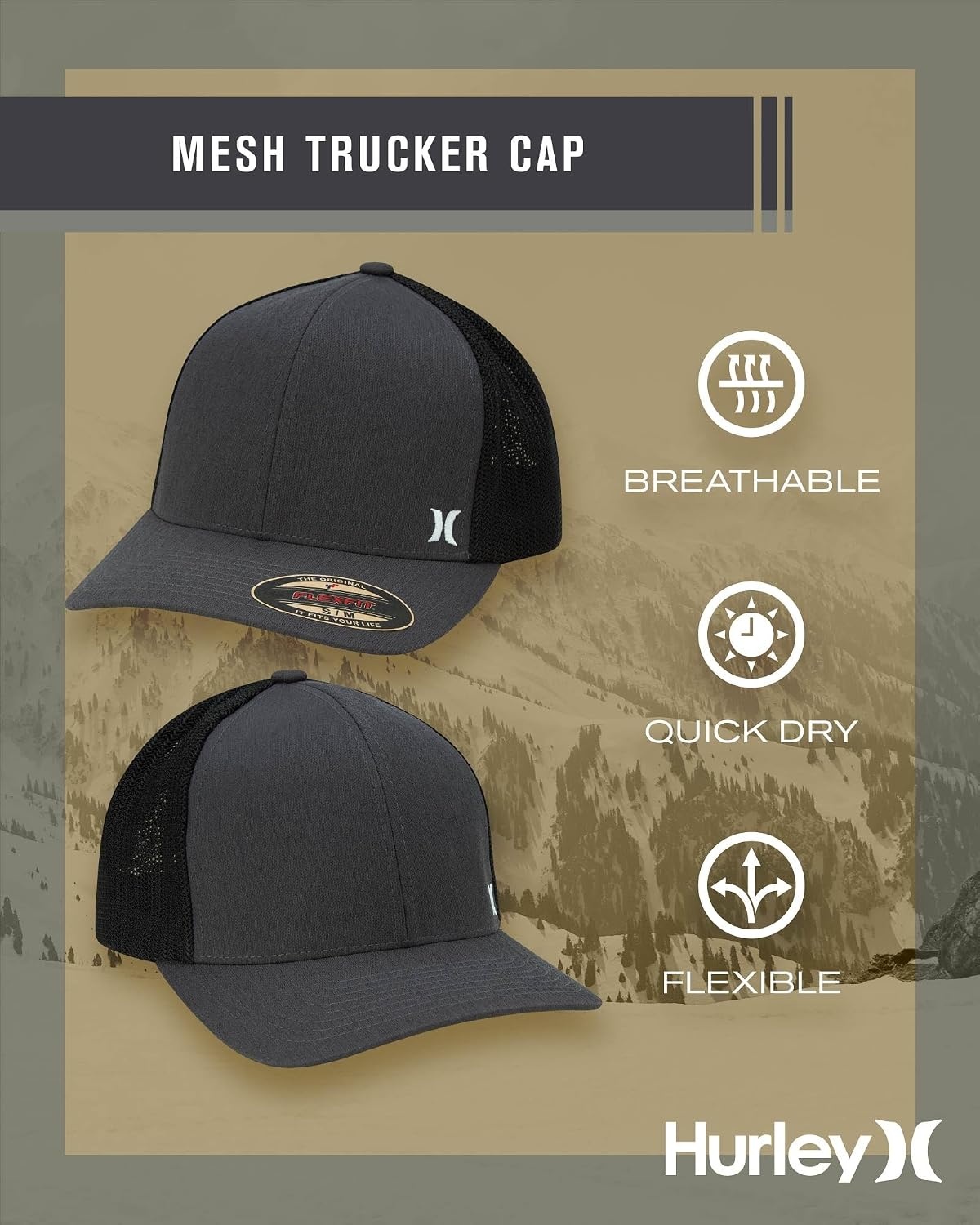Hurley Men’s Caps – Mini Icon Mesh Panel Baseball Cap – Fitted Hats for Men(Black/Grey)
