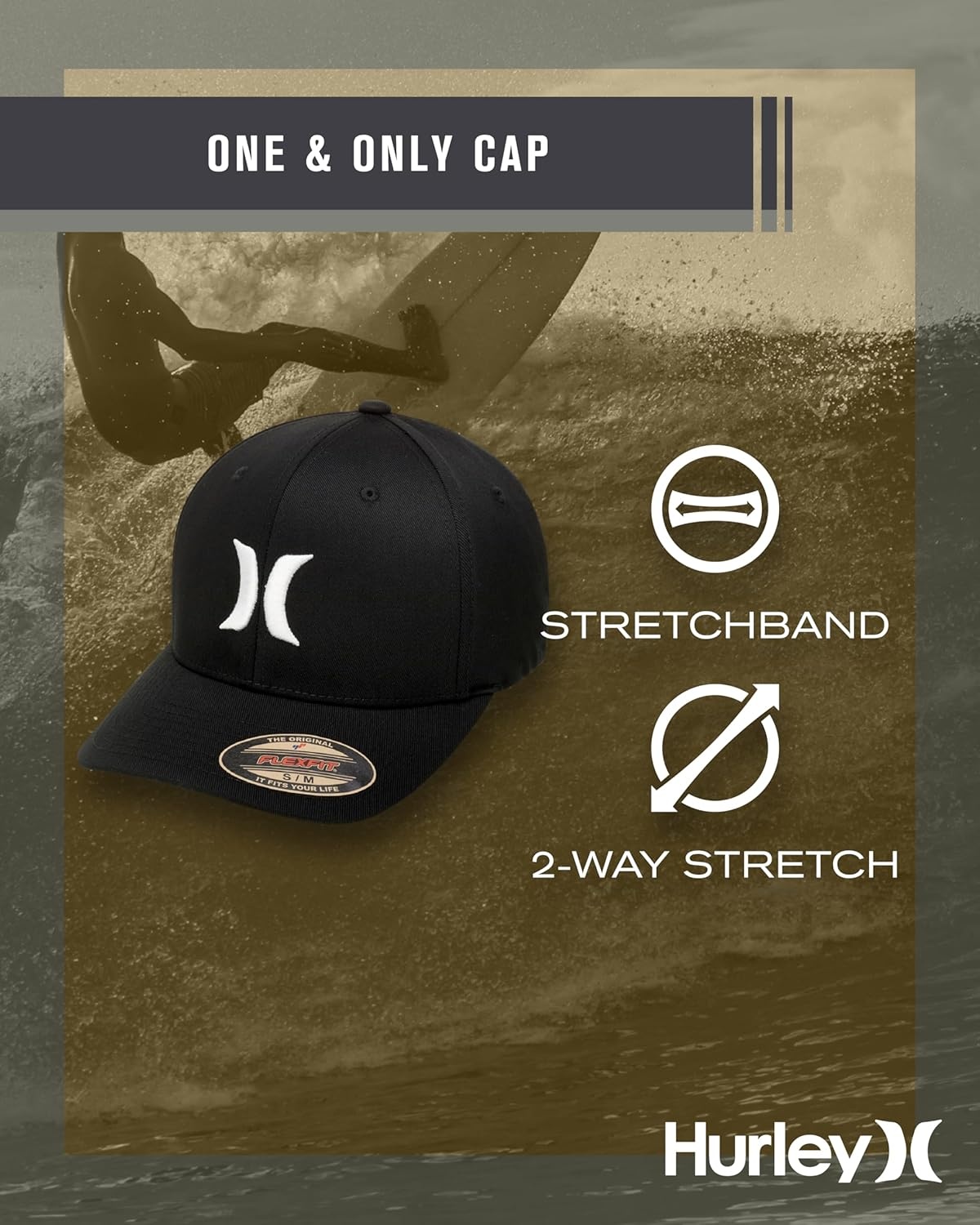 Hurley Mens Cap – One and Only Trucker Flexfit Hat Baseball Cap for Men(Black/White Logo)