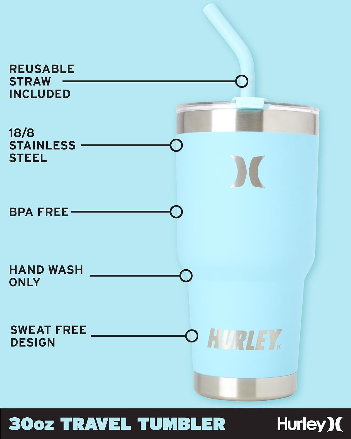 Hurley Tumbler Thermos – 30oz Double Wall Vacuum Insulated Travel Mug – BPA Free Stainless Steel Water Bottle – Leak Proof Hot and Cold Coffee Car Cup, Size 30 oz, Ice Blue