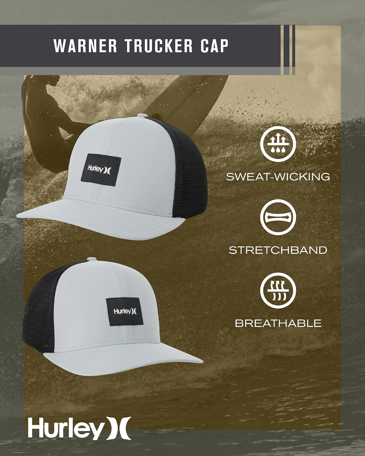 Hurley Mens Trucker Hat – Flexible Quick Dry Fairway Mesh Trucker Hat for Men with Snapback Closure – Classic Mens Caps(Wolf Grey)