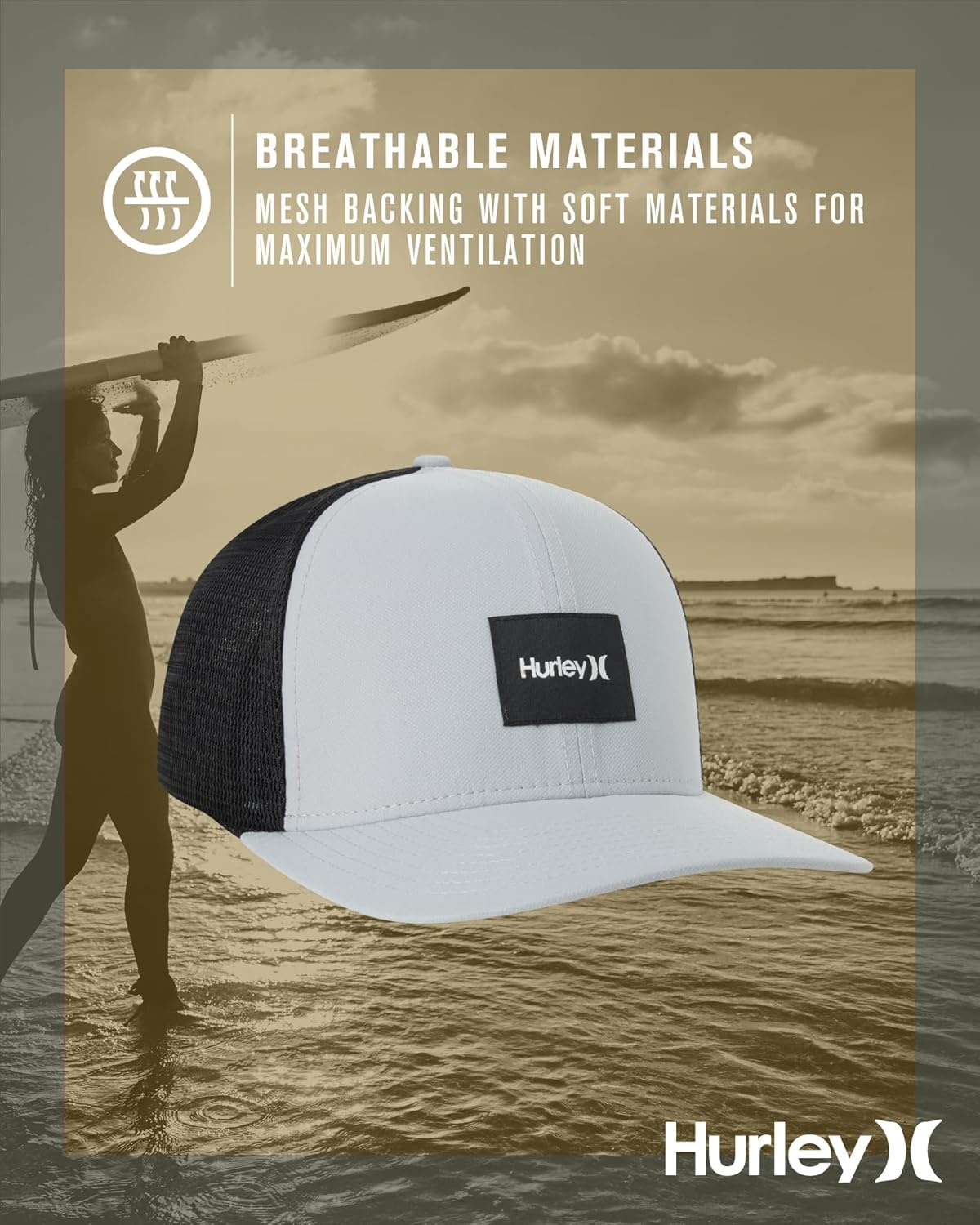 Hurley Mens Trucker Hat – Flexible Quick Dry Fairway Mesh Trucker Hat for Men with Snapback Closure – Classic Mens Caps(Wolf Grey)