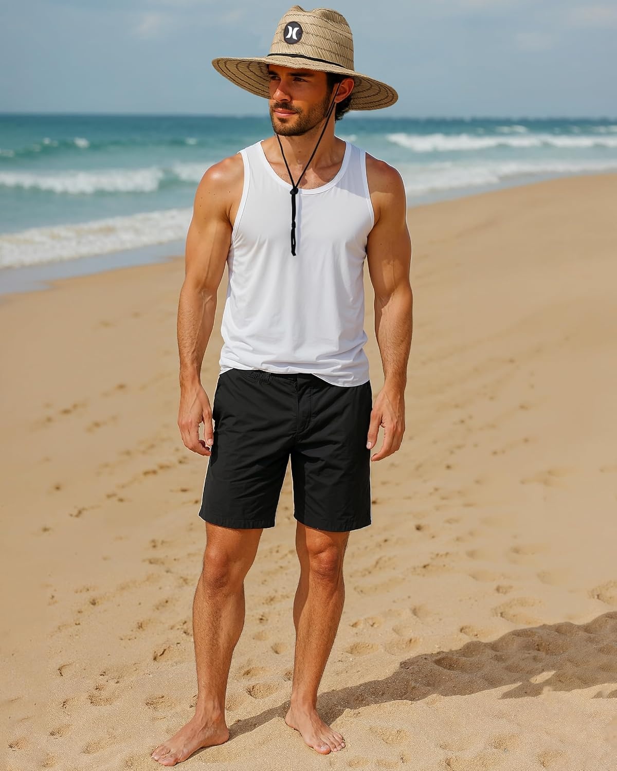 Hurley Men’s Straw Hat – Weekender Natural Straw Hat with Medium Brim and Chin Strap – Beach Fishing Sun Hats for Men(Neptune Green)