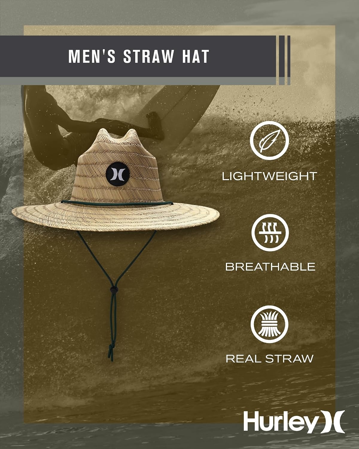 Hurley Men’s Straw Hat – Weekender Natural Straw Hat with Medium Brim and Chin Strap – Beach Fishing Sun Hats for Men(Neptune Green)
