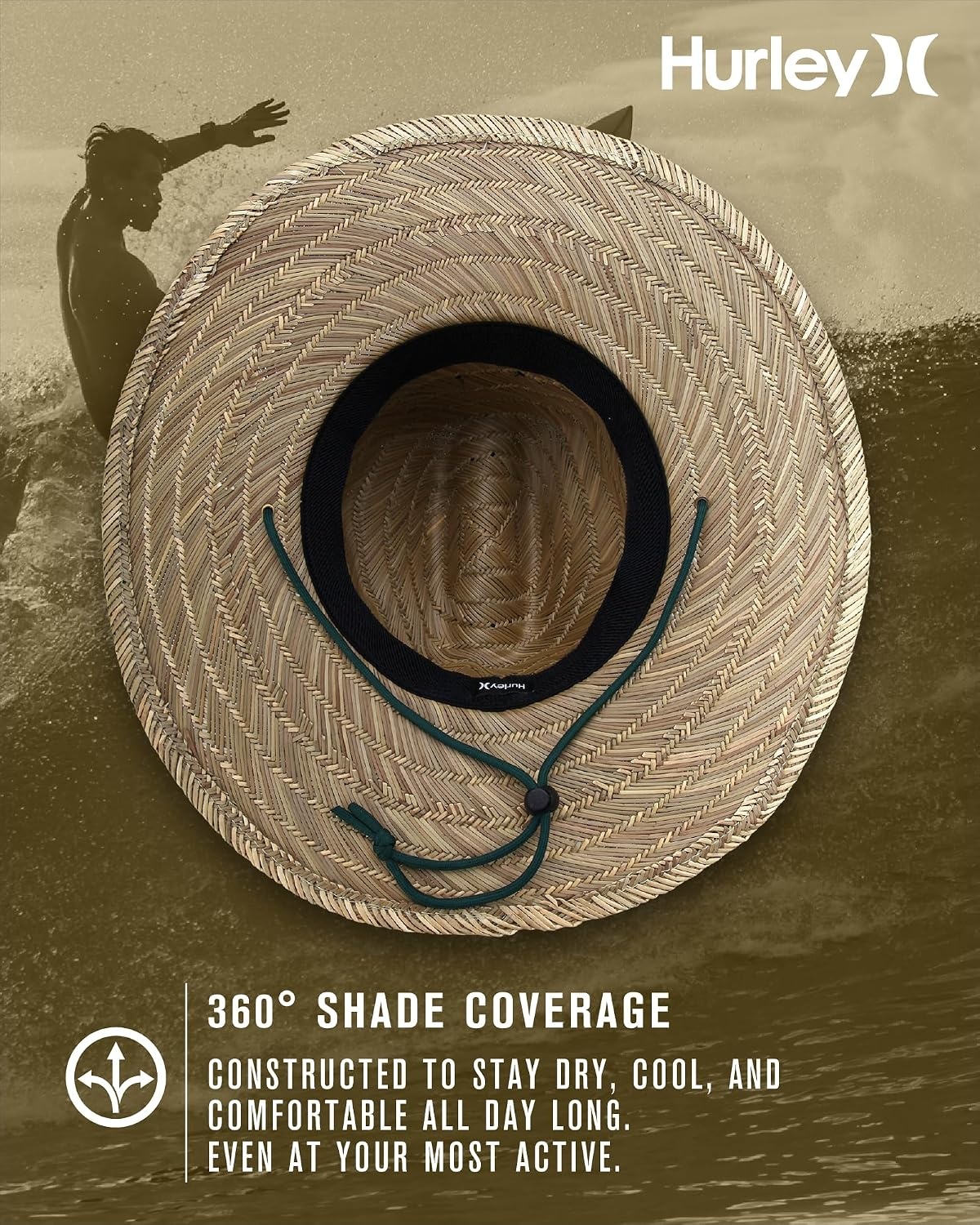 Hurley Men’s Straw Hat – Weekender Natural Straw Hat with Medium Brim and Chin Strap – Beach Fishing Sun Hats for Men(Neptune Green)