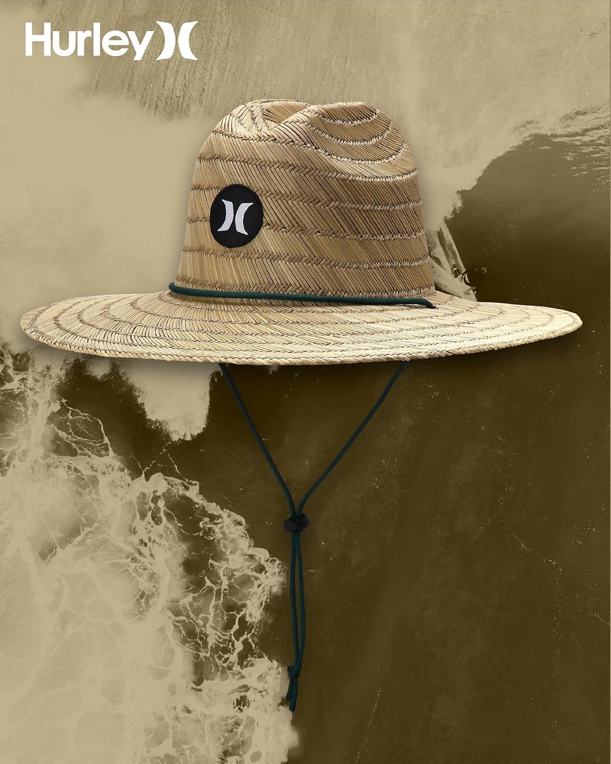 Hurley Men’s Straw Hat – Weekender Natural Straw Hat with Medium Brim and Chin Strap – Beach Fishing Sun Hats for Men(Neptune Green)