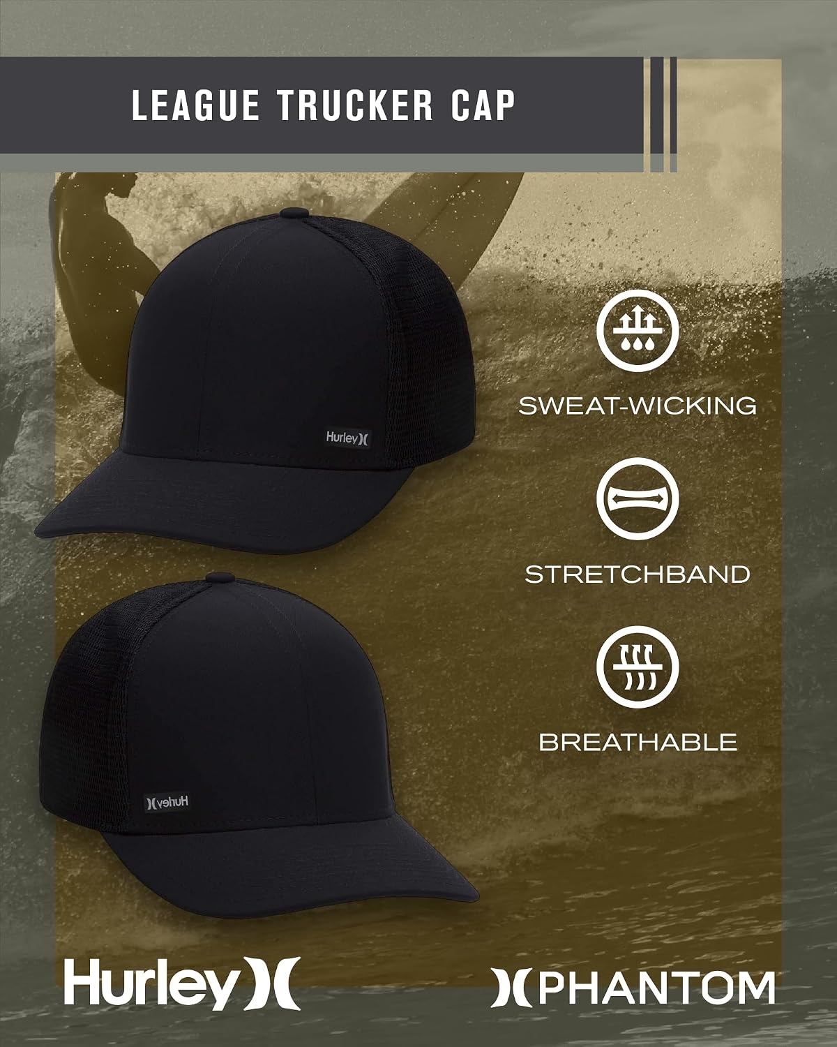 Hurley Men’s Caps – H2O-Dri League Baseball Caps for Men with Snapback Closure – Classic Mens Trucker Hats (S-XL)(Black)