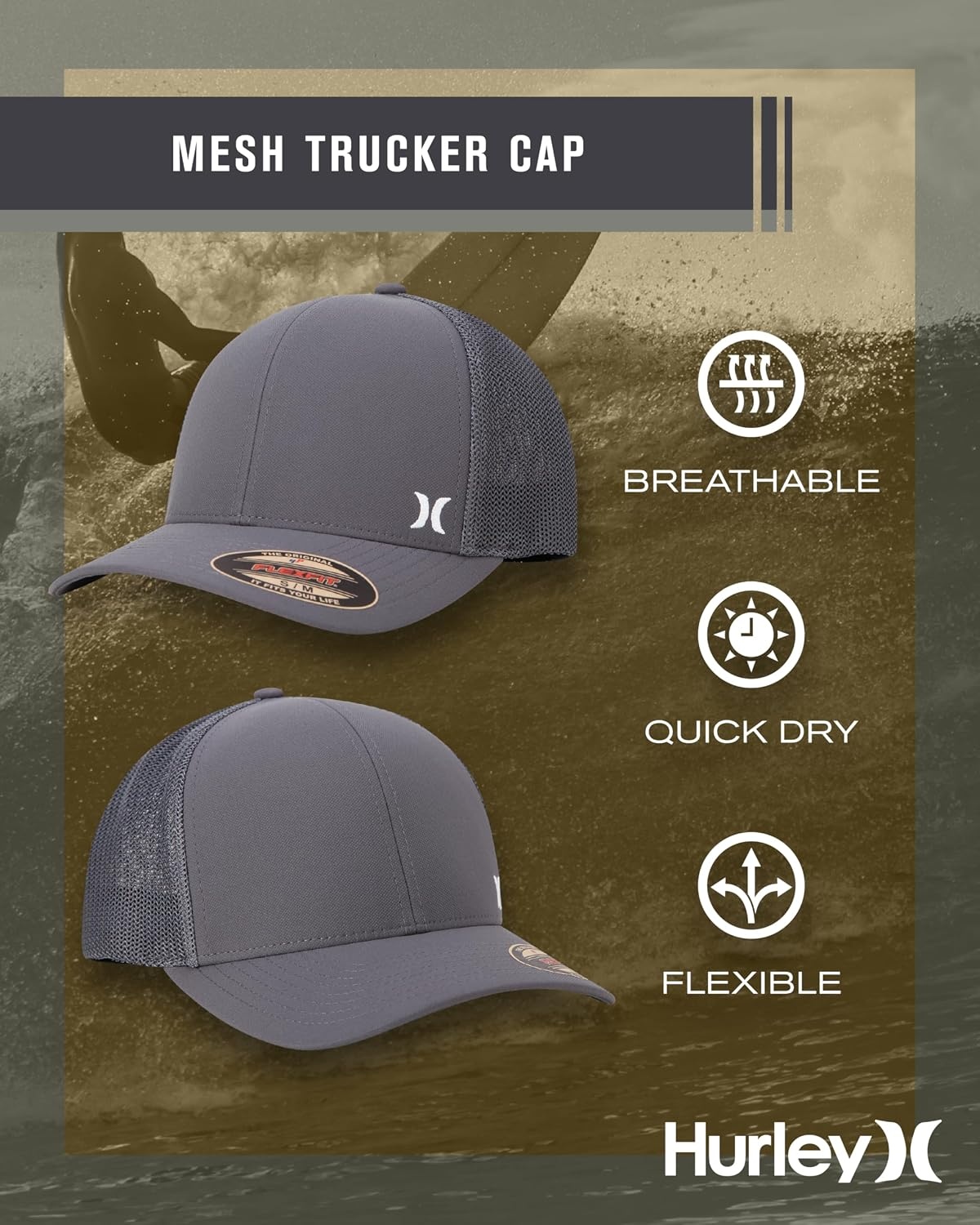 Hurley Men’s Caps – Mini Icon Mesh Panel Baseball Cap – Fitted Hats for Men(Dark Grey)