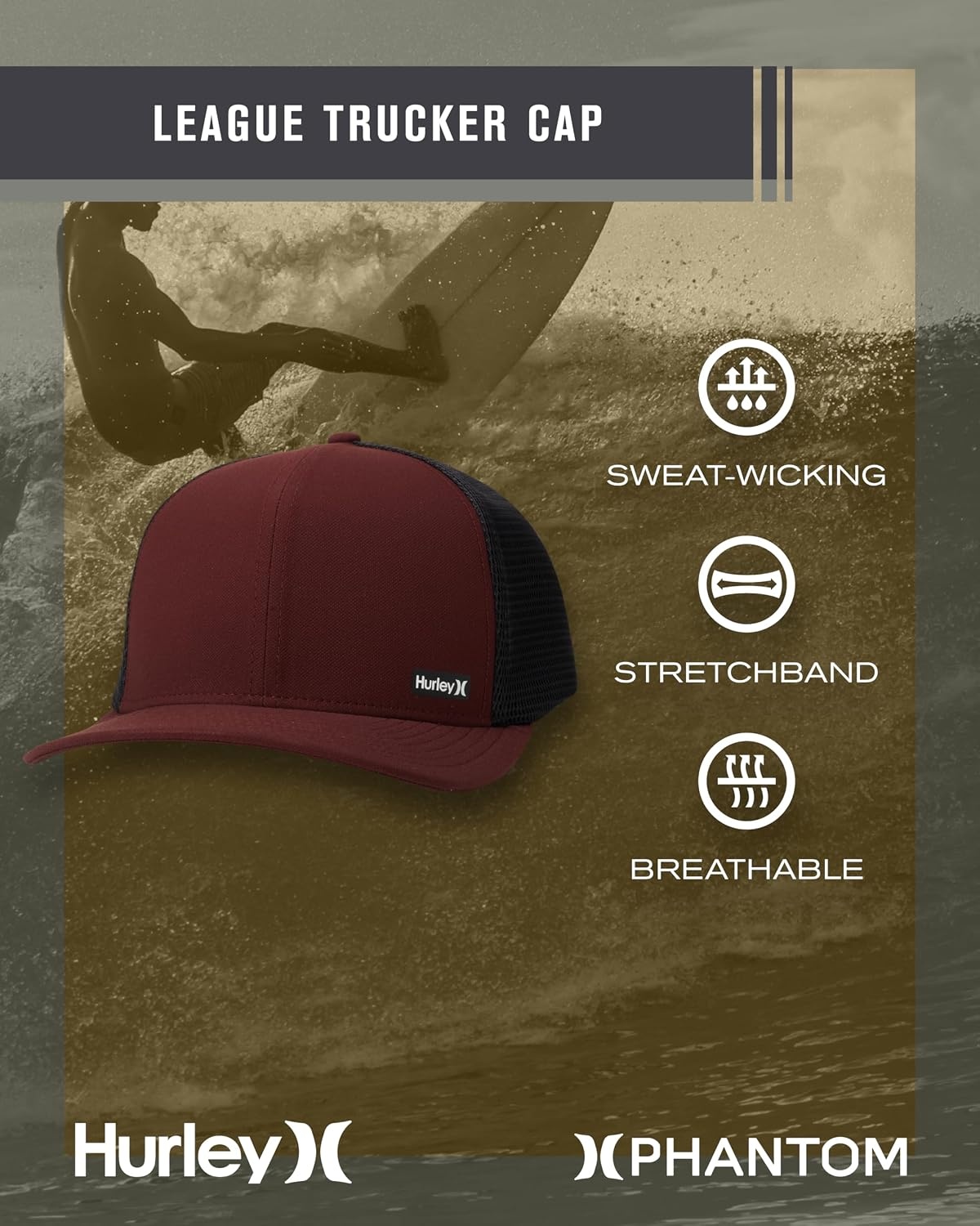Hurley Men’s Caps – H2O-Dri League Baseball Caps for Men with Snapback Closure – Classic Mens Trucker Hats (S-XL)(Burgundy/Black)