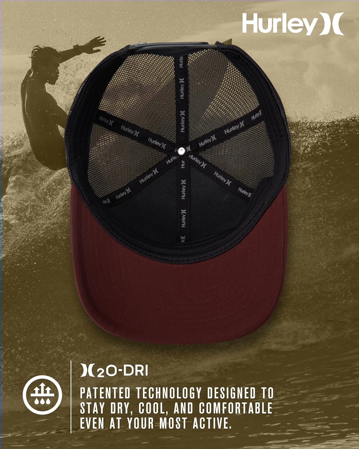 Hurley Men’s Caps – H2O-Dri League Baseball Caps for Men with Snapback Closure – Classic Mens Trucker Hats (S-XL)(Burgundy/Black)