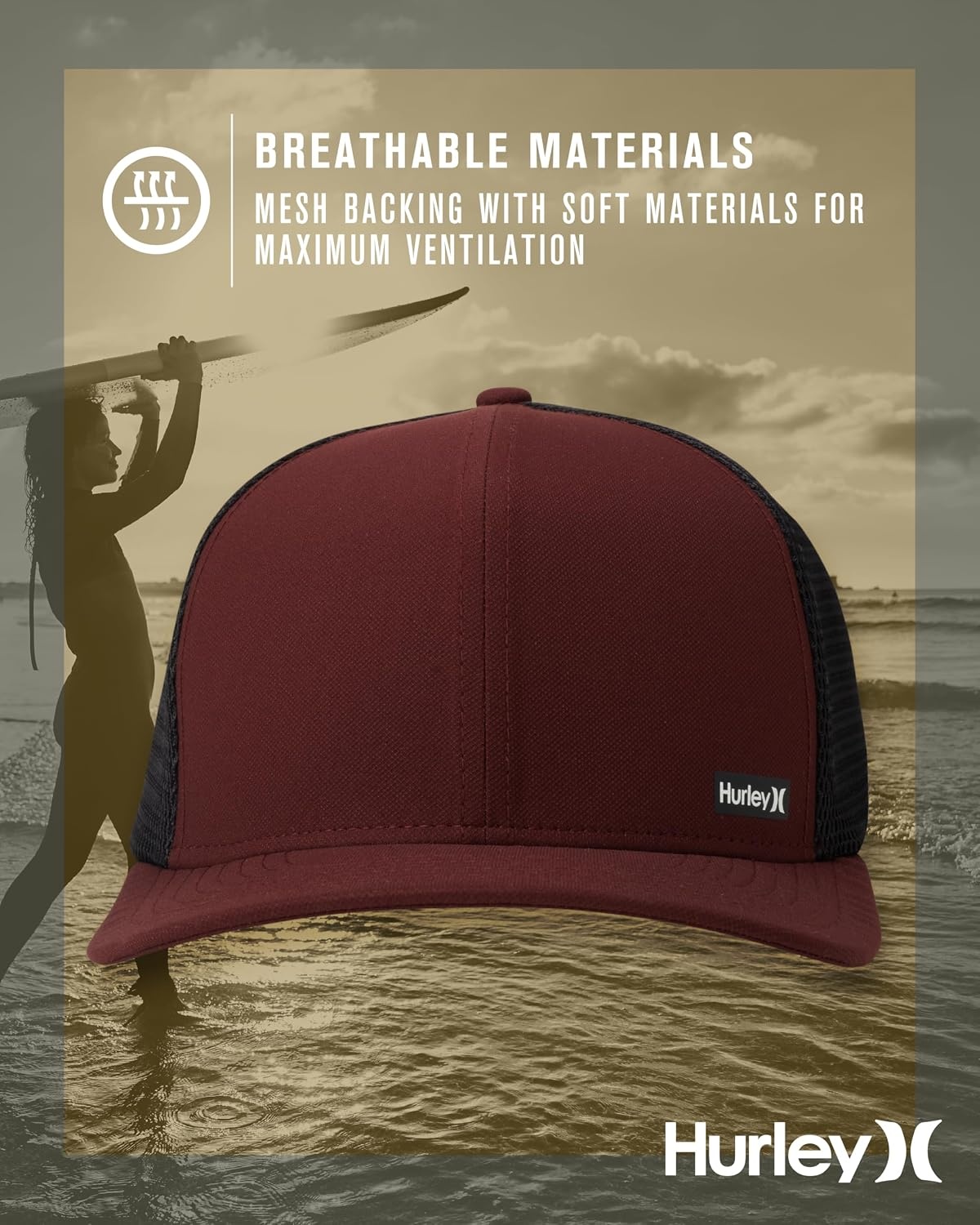 Hurley Men’s Caps – H2O-Dri League Baseball Caps for Men with Snapback Closure – Classic Mens Trucker Hats (S-XL)(Burgundy/Black)