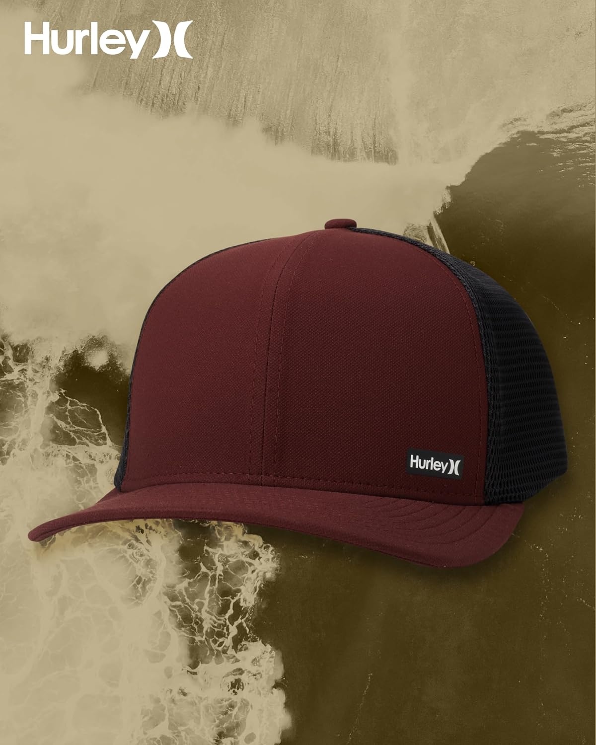 Hurley Men’s Caps – H2O-Dri League Baseball Caps for Men with Snapback Closure – Classic Mens Trucker Hats (S-XL)(Burgundy/Black)