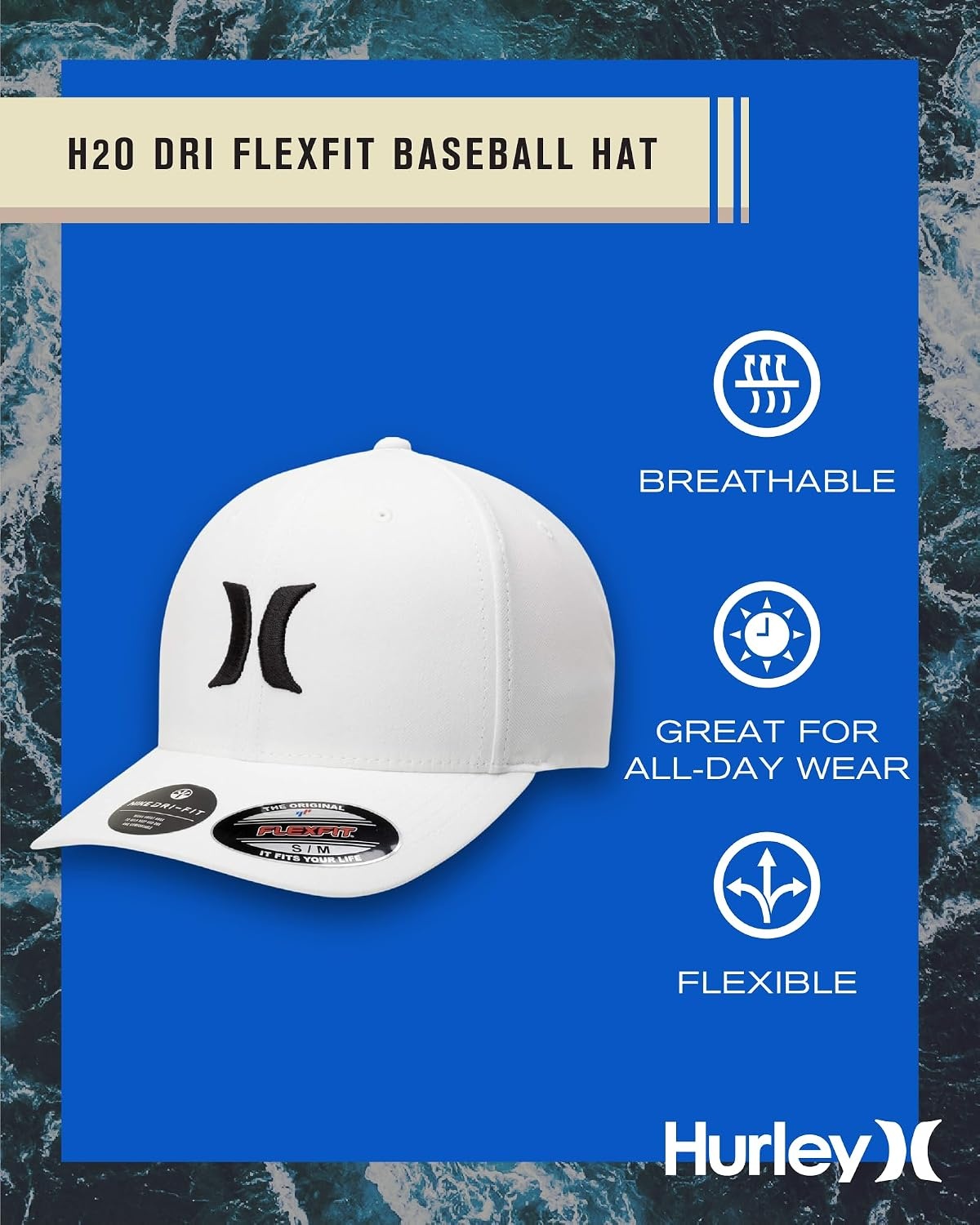 Hurley Men’s Baseball Cap – Lightweight Curved Bill H2O Dri Fitted Caps for Men(White/Black)