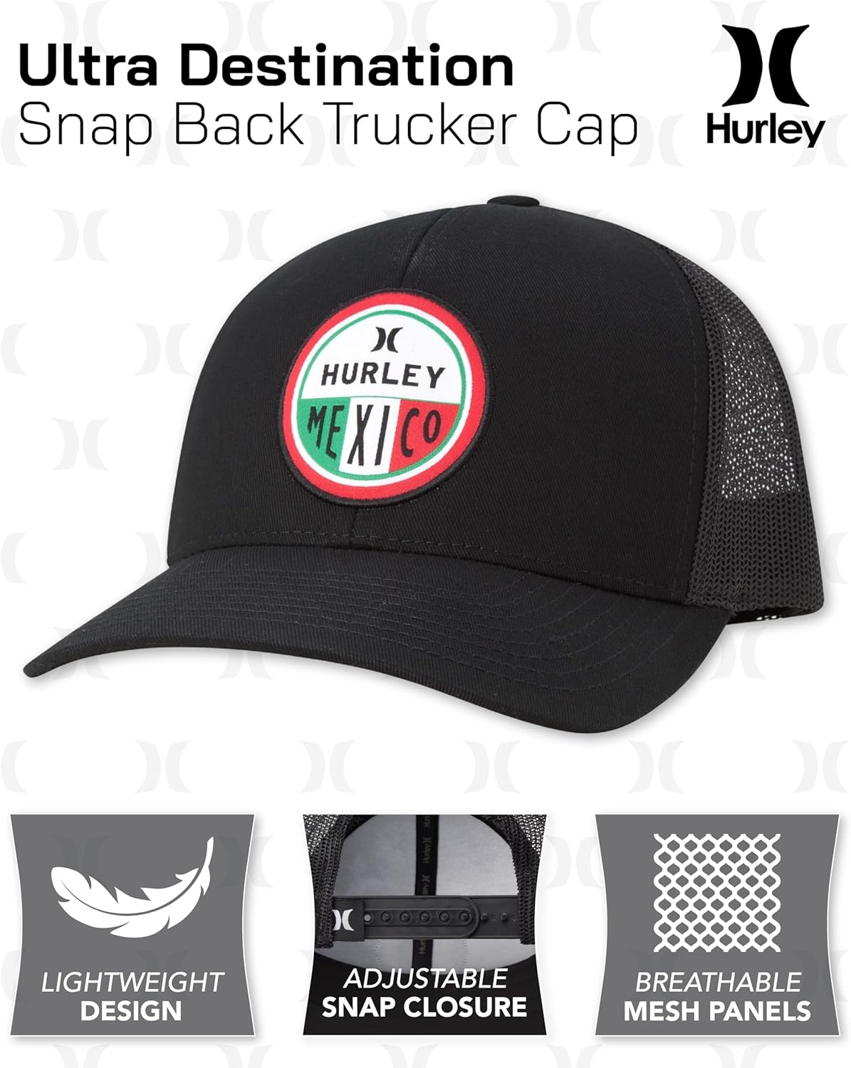 Hurley Men’s Trucker Hat – Flat Brim Mesh Baseball Cap and Hats for Men with Adjustable Snapback Closure(Black/Green)
