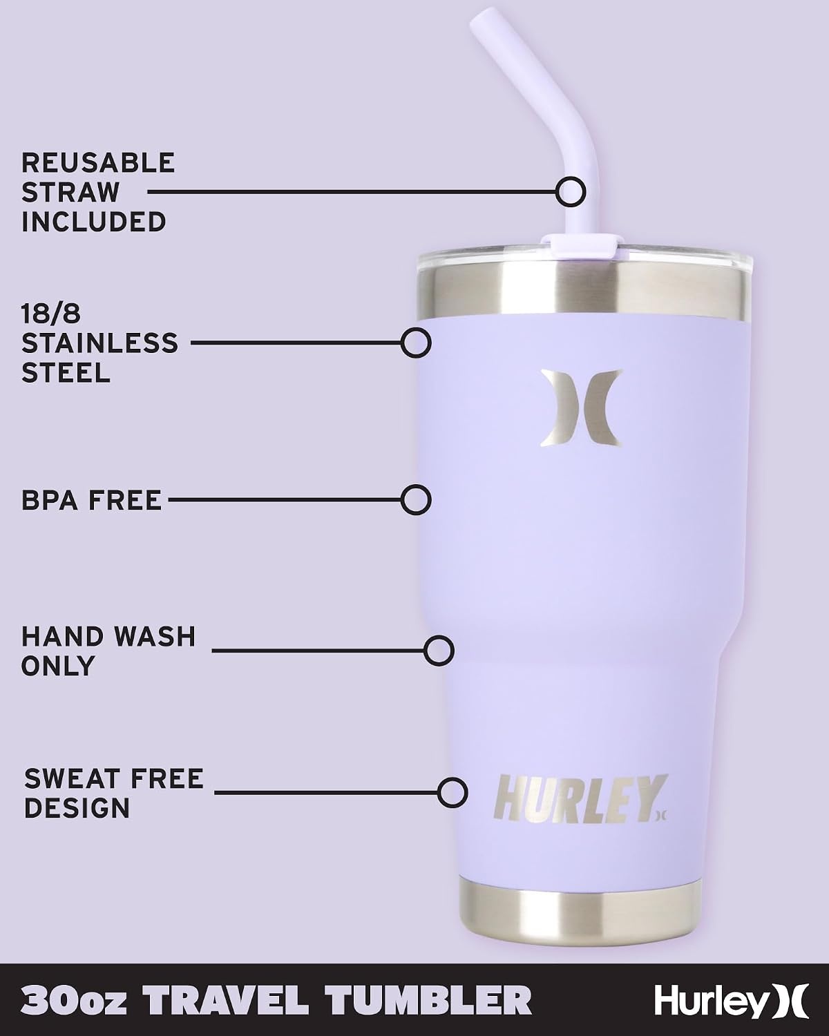 Hurley Tumbler Thermos – 30oz Double Wall Vacuum Insulated Travel Mug – BPA Free Stainless Steel Water Bottle – Leak Proof Hot and Cold Coffee Car Cup, Size 30 oz, Lilac