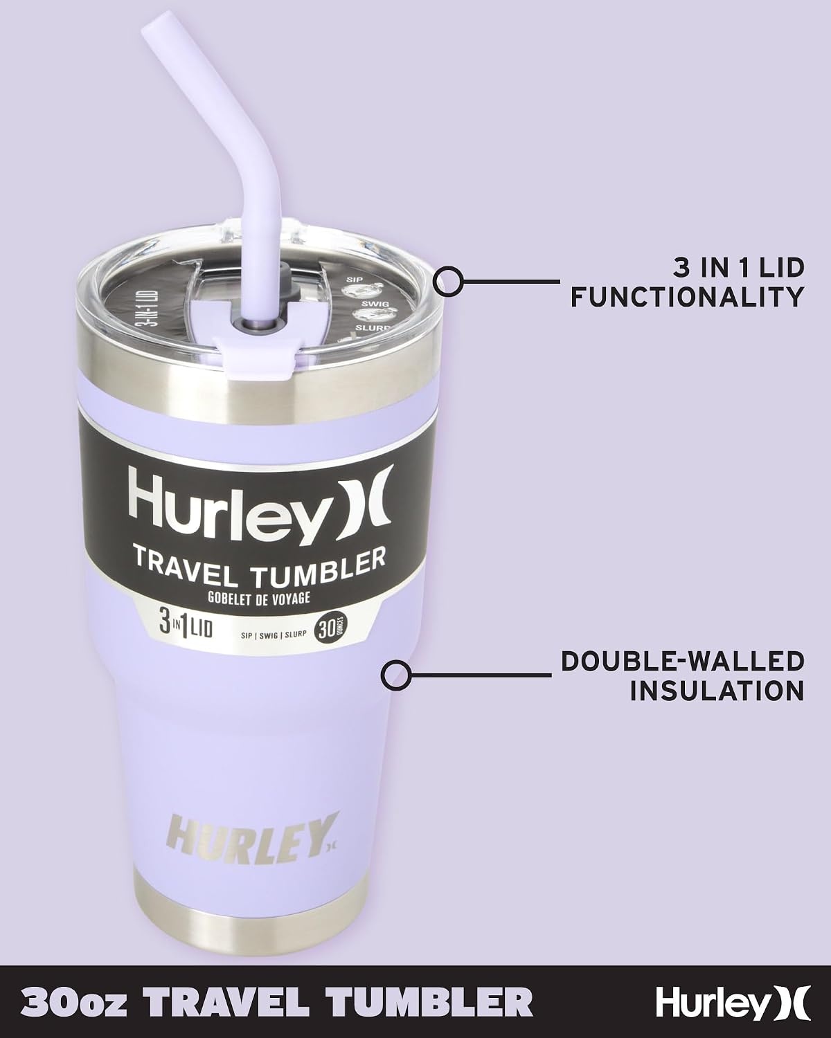 Hurley Tumbler Thermos – 30oz Double Wall Vacuum Insulated Travel Mug – BPA Free Stainless Steel Water Bottle – Leak Proof Hot and Cold Coffee Car Cup, Size 30 oz, Lilac