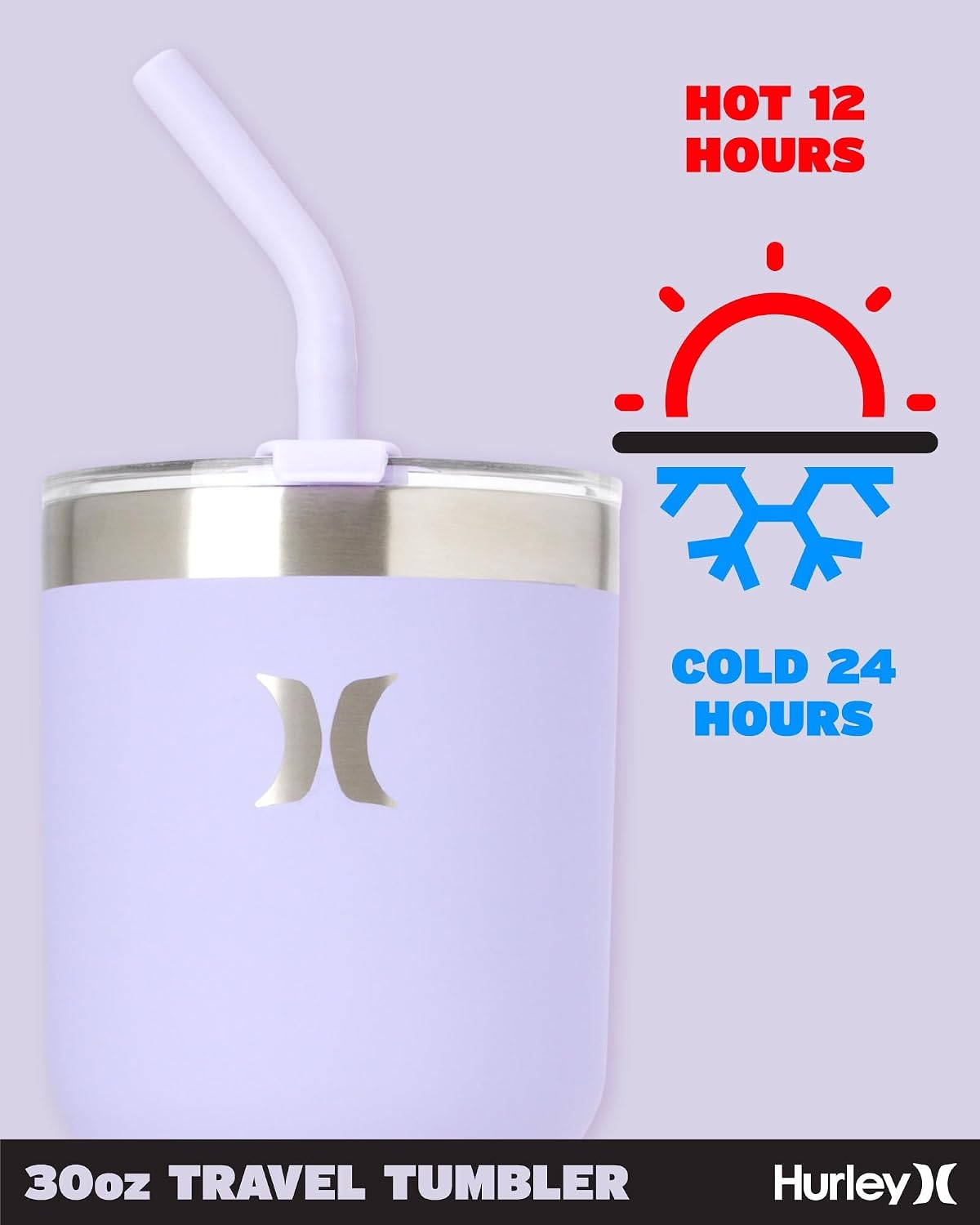 Hurley Tumbler Thermos – 30oz Double Wall Vacuum Insulated Travel Mug – BPA Free Stainless Steel Water Bottle – Leak Proof Hot and Cold Coffee Car Cup, Size 30 oz, Lilac