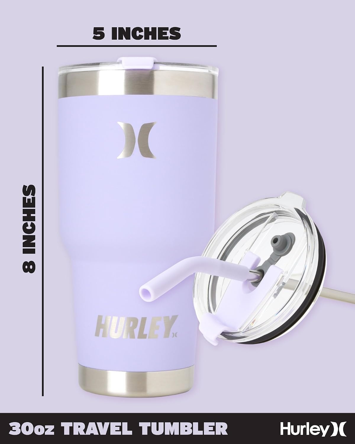 Hurley Tumbler Thermos – 30oz Double Wall Vacuum Insulated Travel Mug – BPA Free Stainless Steel Water Bottle – Leak Proof Hot and Cold Coffee Car Cup, Size 30 oz, Lilac