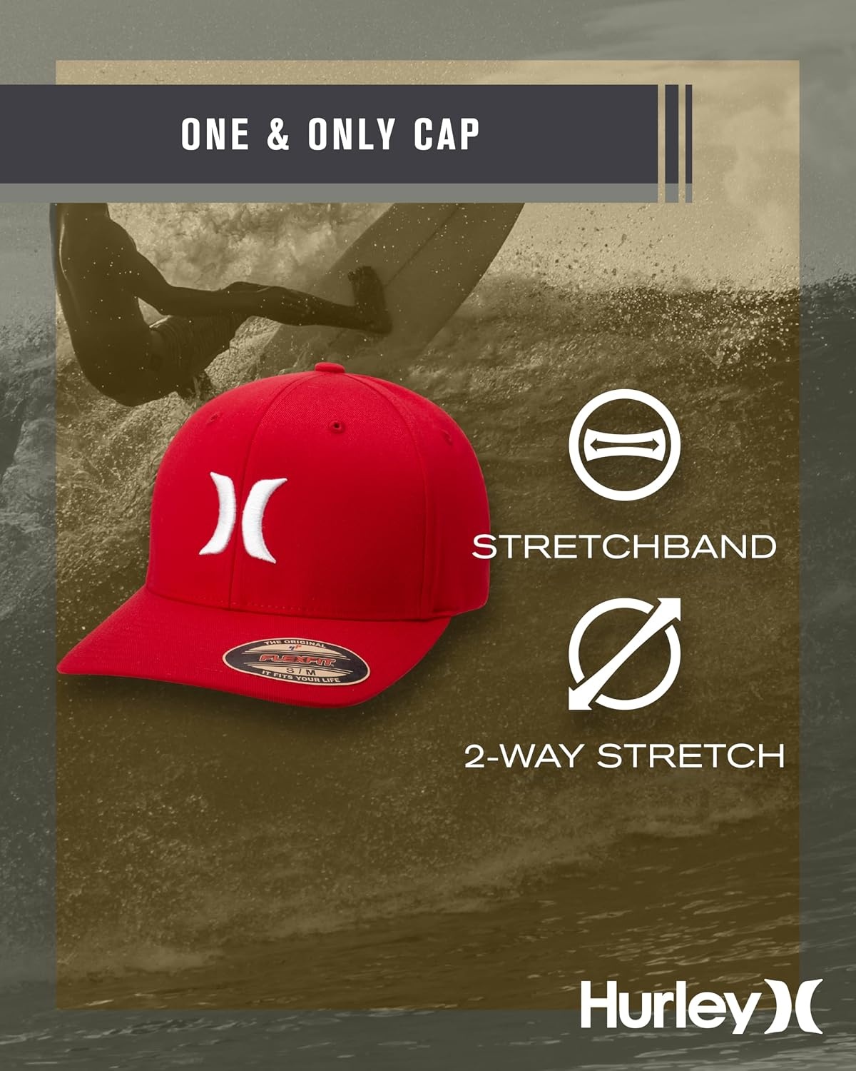 Hurley Mens Baseball Cap – Moisture Wicking Quick Dry Textured Fitted Hats for Men with Curved Brim(Red)