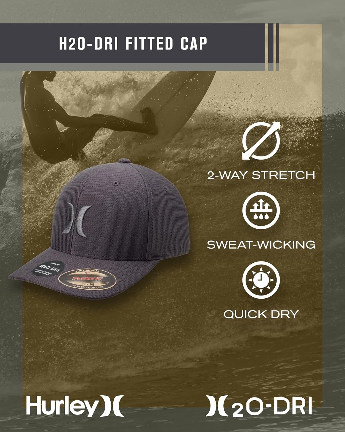Hurley Men’s Baseball Cap – Lightweight Curved Bill H2O Dri Fitted Caps for Men(Stone)