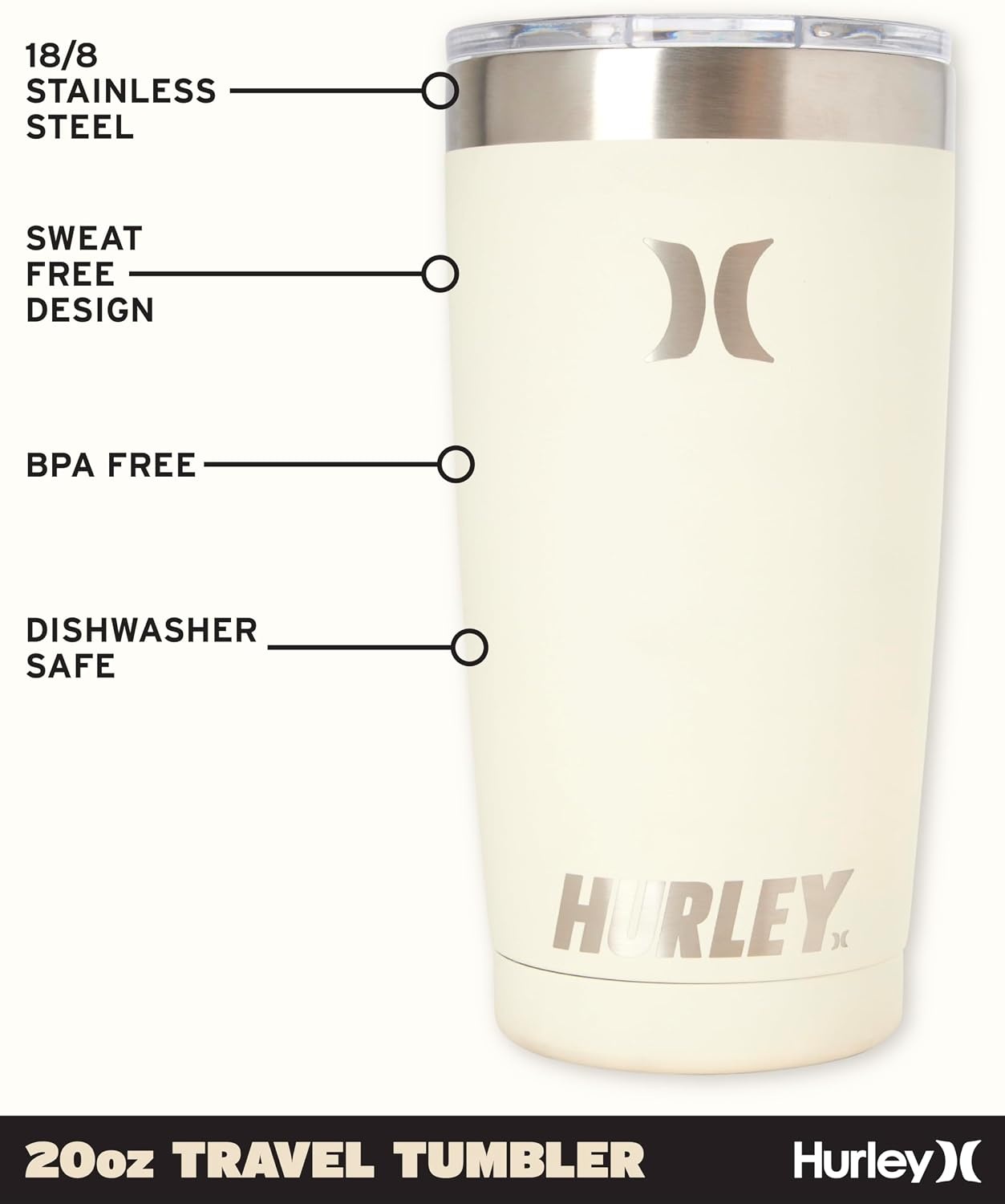 Hurley Tumbler Thermos – 20oz Double Wall Vacuum Insulated Travel Mug – BPA Free Stainless Steel Water Bottle – Leak Proof Hot and Cold Coffee Car Cup, Size 20 oz, Ivory