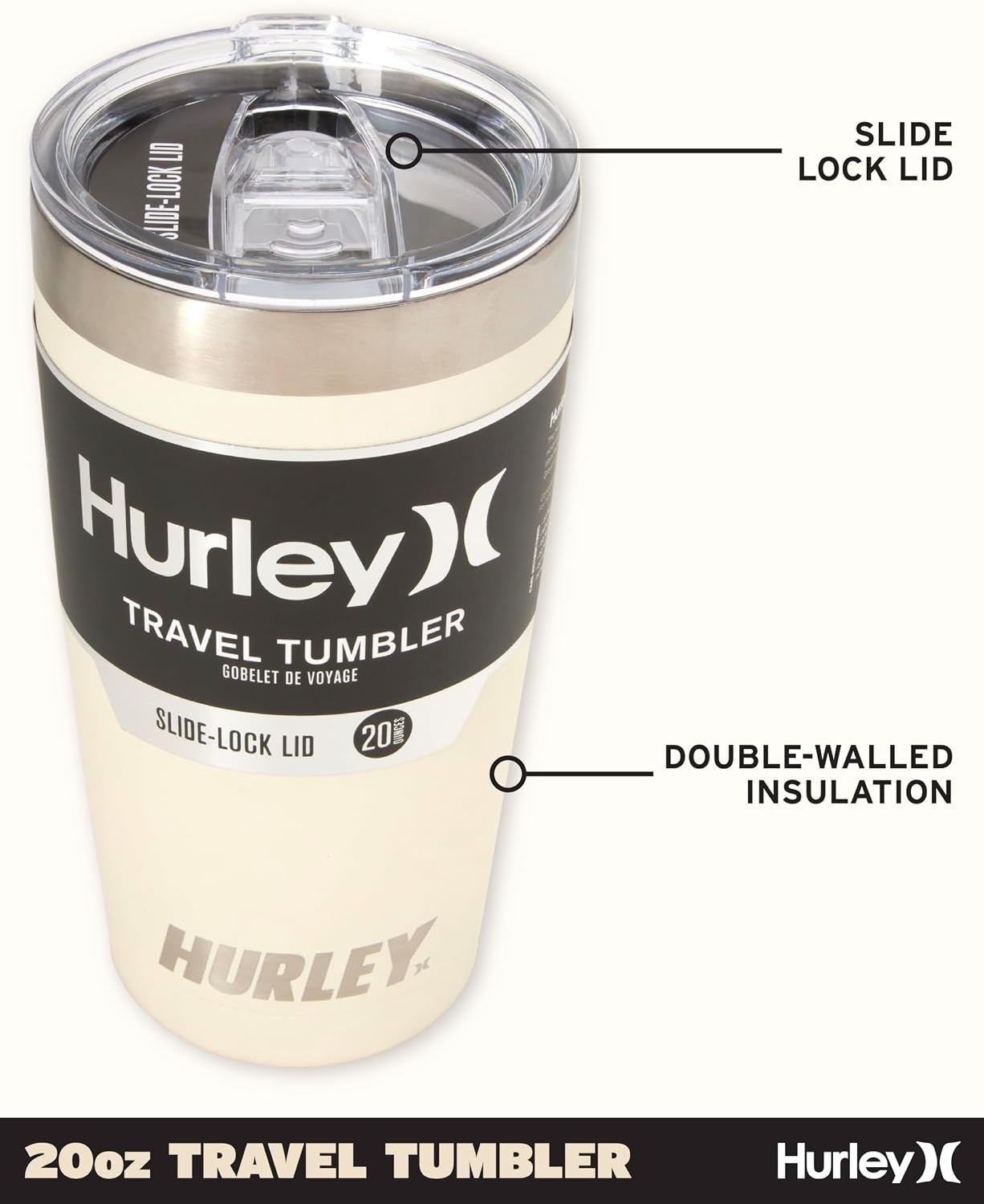 Hurley Tumbler Thermos – 20oz Double Wall Vacuum Insulated Travel Mug – BPA Free Stainless Steel Water Bottle – Leak Proof Hot and Cold Coffee Car Cup, Size 20 oz, Ivory