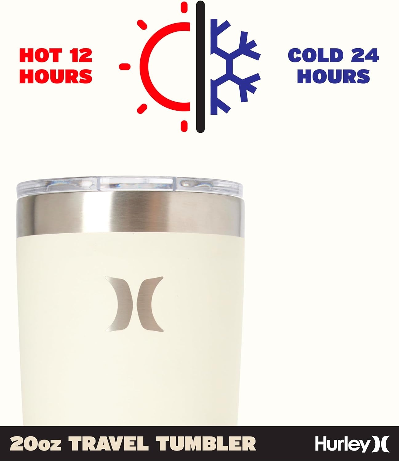 Hurley Tumbler Thermos – 20oz Double Wall Vacuum Insulated Travel Mug – BPA Free Stainless Steel Water Bottle – Leak Proof Hot and Cold Coffee Car Cup, Size 20 oz, Ivory