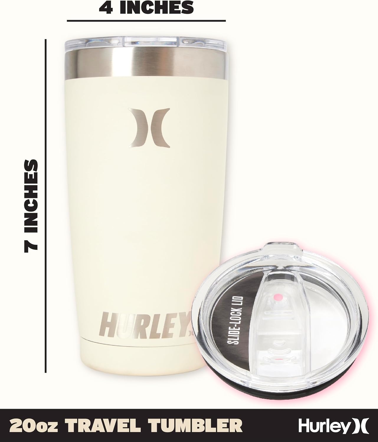 Hurley Tumbler Thermos – 20oz Double Wall Vacuum Insulated Travel Mug – BPA Free Stainless Steel Water Bottle – Leak Proof Hot and Cold Coffee Car Cup, Size 20 oz, Ivory