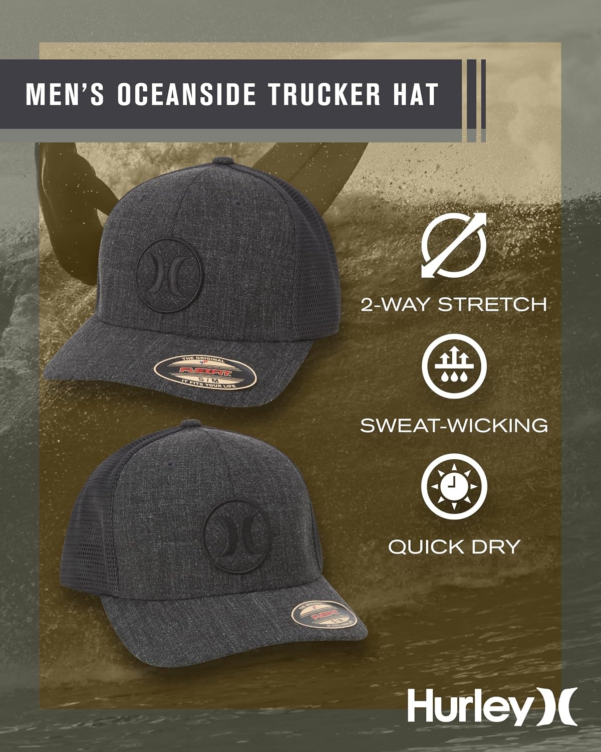 Hurley Mens Hat – Oceanside Flex Fitted Trucker Hat(Black)