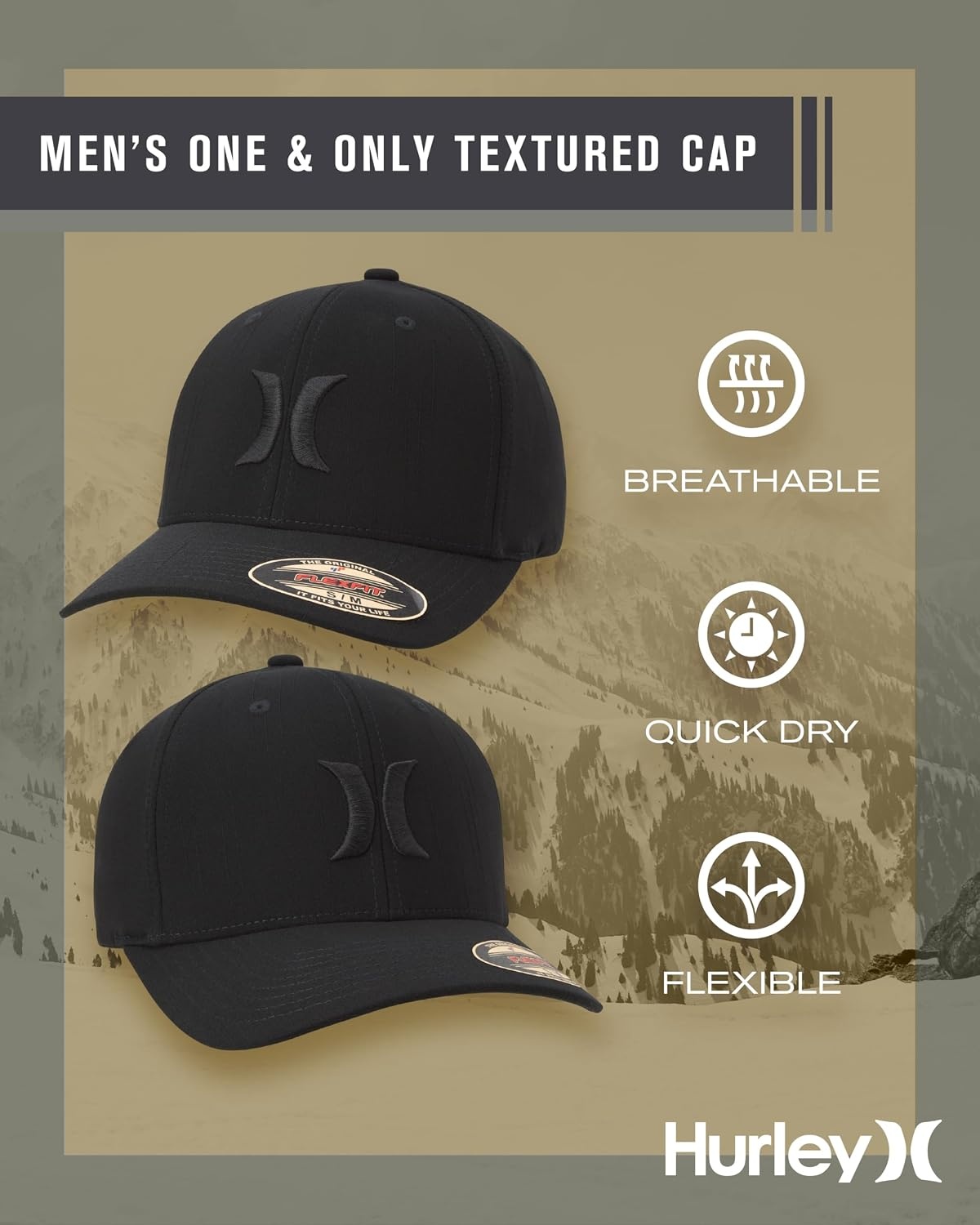 Hurley Men’s Caps – One & Only Flexfit Baseball Cap – Fitted Hats for Men (S-XL)(Black (Black))