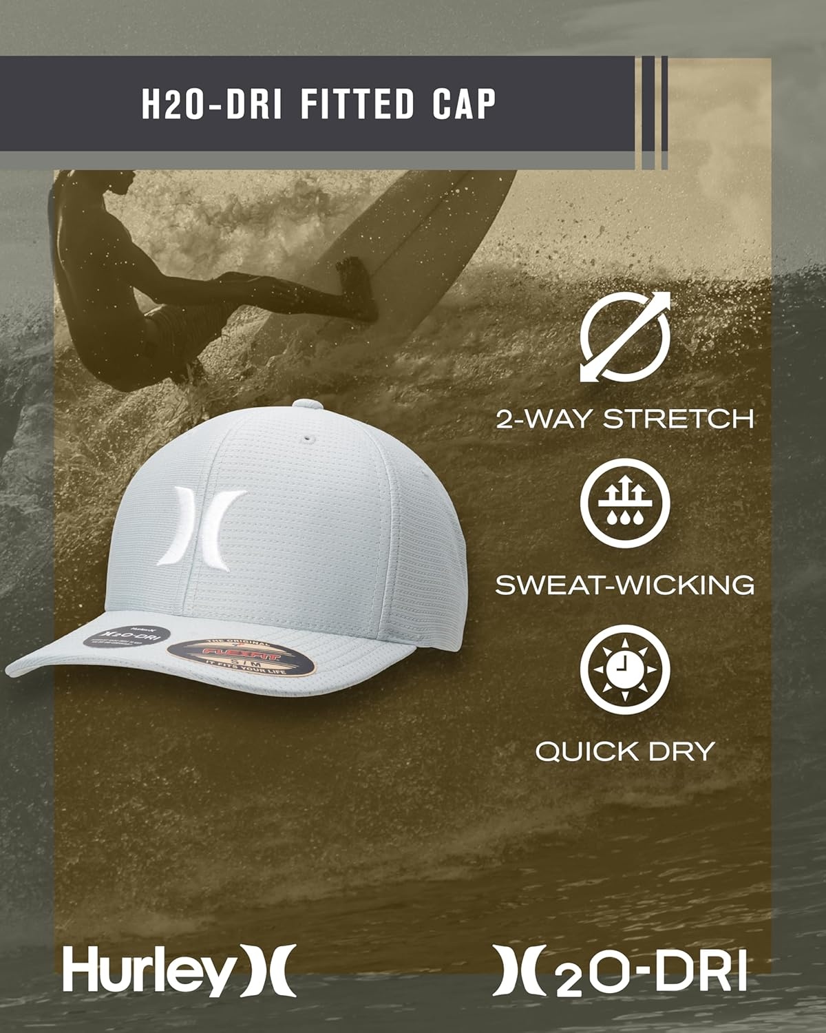 Hurley Men’s Baseball Cap – Lightweight Curved Bill H2O Dri Fitted Caps for Men(Mystic Stone)