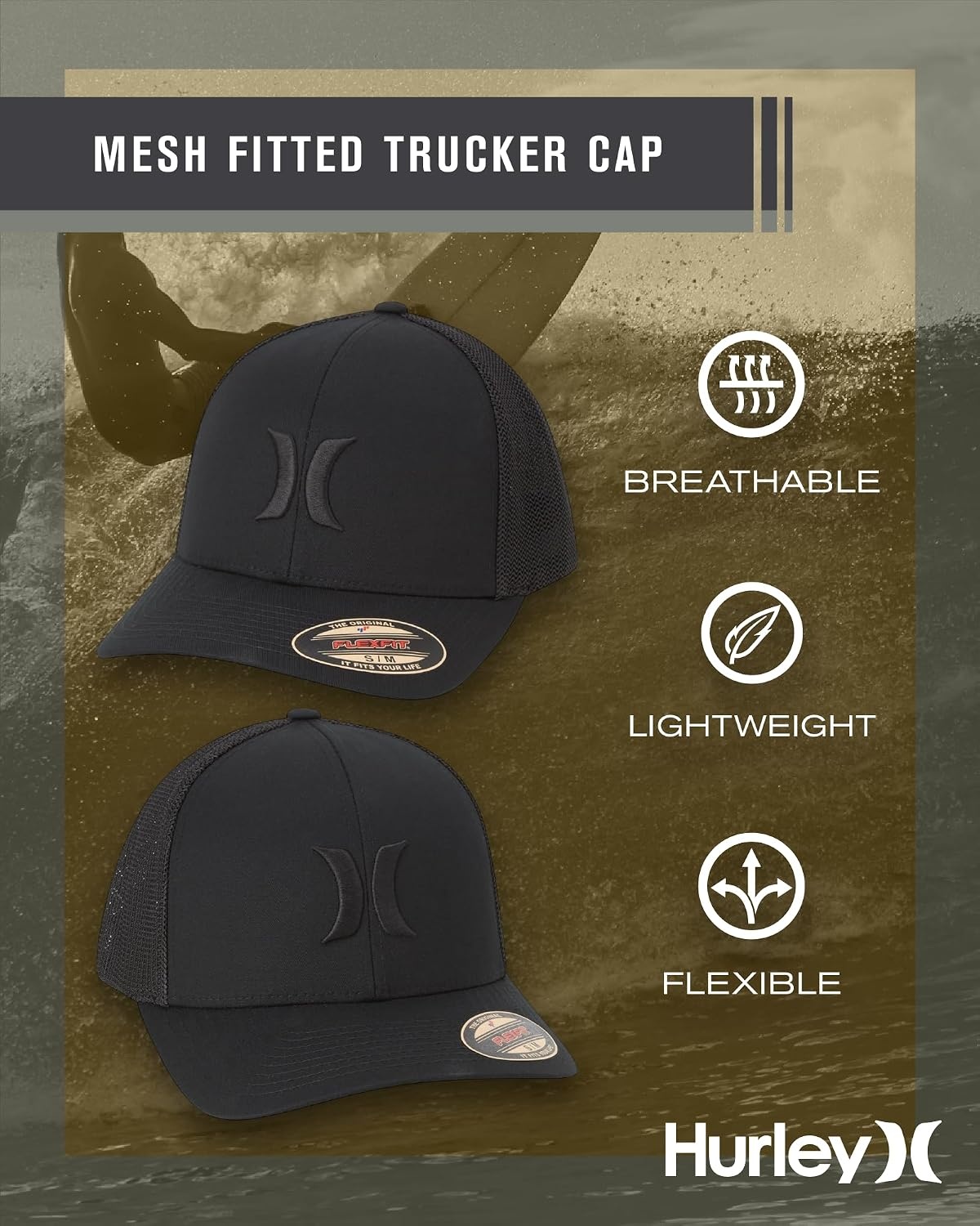 Hurley Mens Baseball Cap – Laguna Icon Mesh Stretch Trucker Hat with Curved Brim – Lightweight Breathable Fitted Hats for Men(All Black)