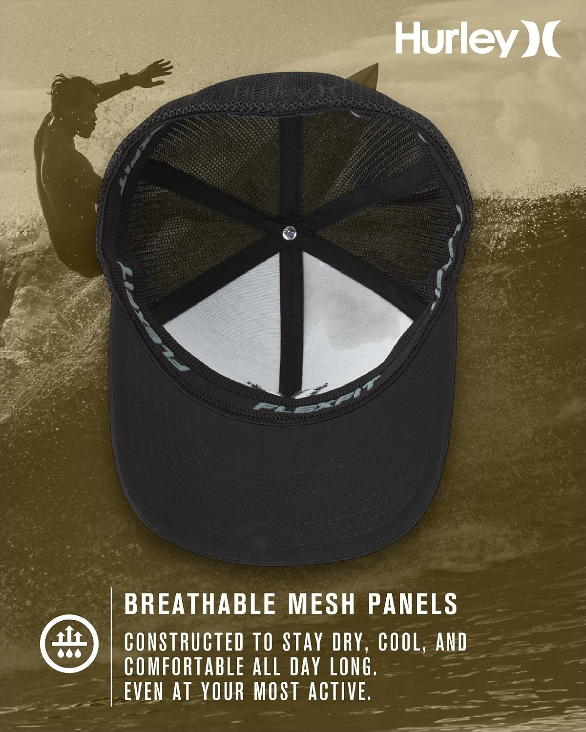 Hurley Mens Baseball Cap – Laguna Icon Mesh Stretch Trucker Hat with Curved Brim – Lightweight Breathable Fitted Hats for Men(All Black)