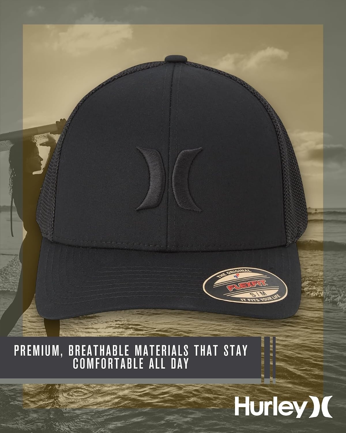 Hurley Mens Baseball Cap – Laguna Icon Mesh Stretch Trucker Hat with Curved Brim – Lightweight Breathable Fitted Hats for Men(All Black)
