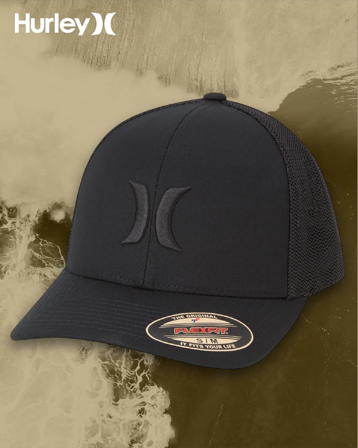 Hurley Mens Baseball Cap – Laguna Icon Mesh Stretch Trucker Hat with Curved Brim – Lightweight Breathable Fitted Hats for Men(All Black)