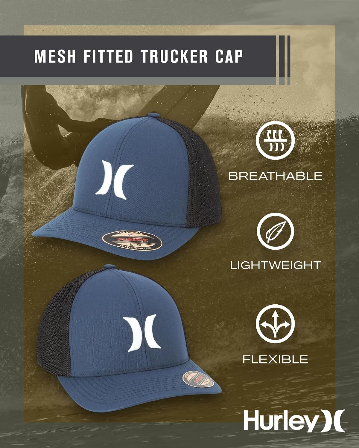 Hurley Mens Baseball Cap – Laguna Icon Mesh Stretch Trucker Hat with Curved Brim – Lightweight Breathable Fitted Hats for Men(Navy)