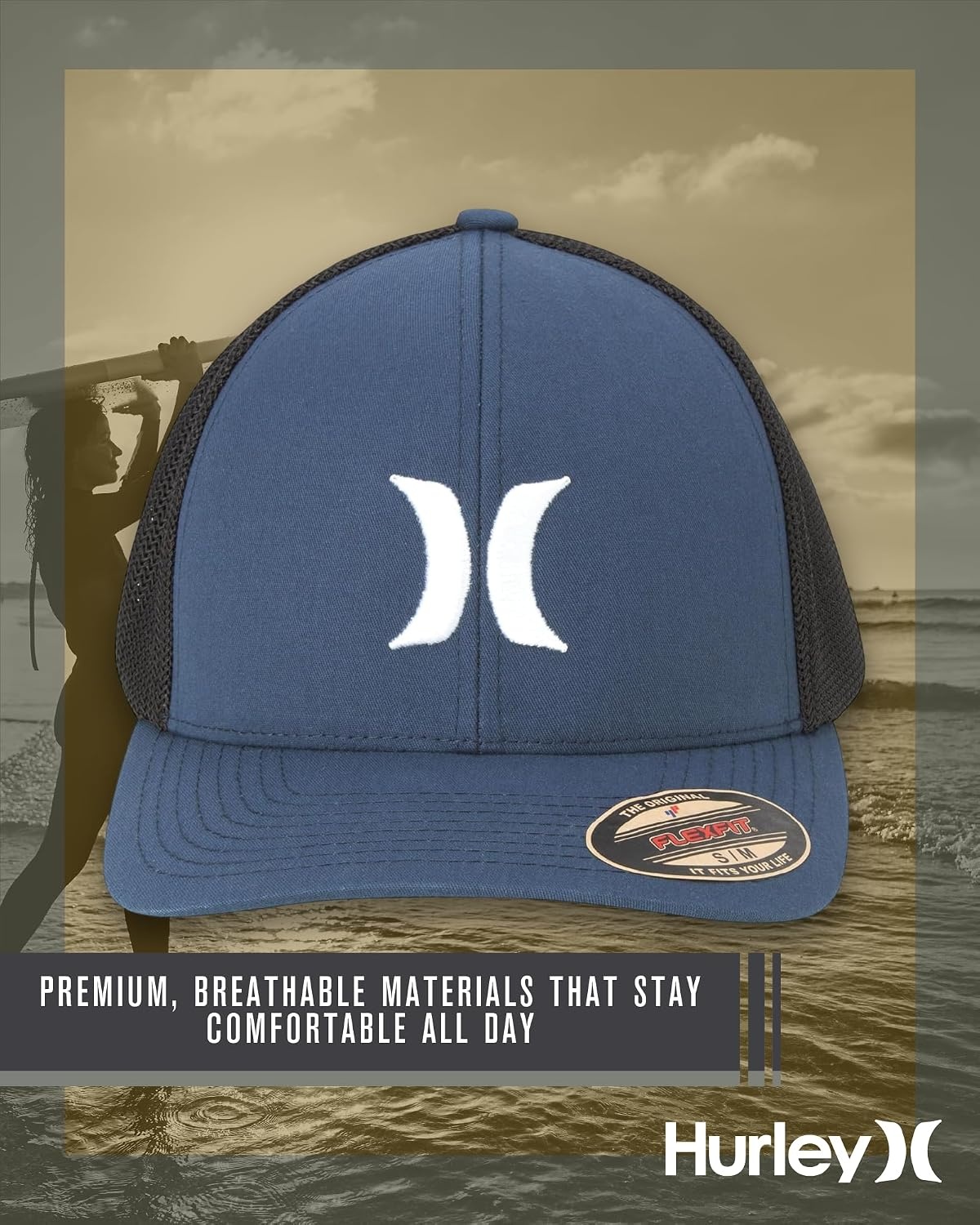 Hurley Mens Baseball Cap – Laguna Icon Mesh Stretch Trucker Hat with Curved Brim – Lightweight Breathable Fitted Hats for Men(Navy)