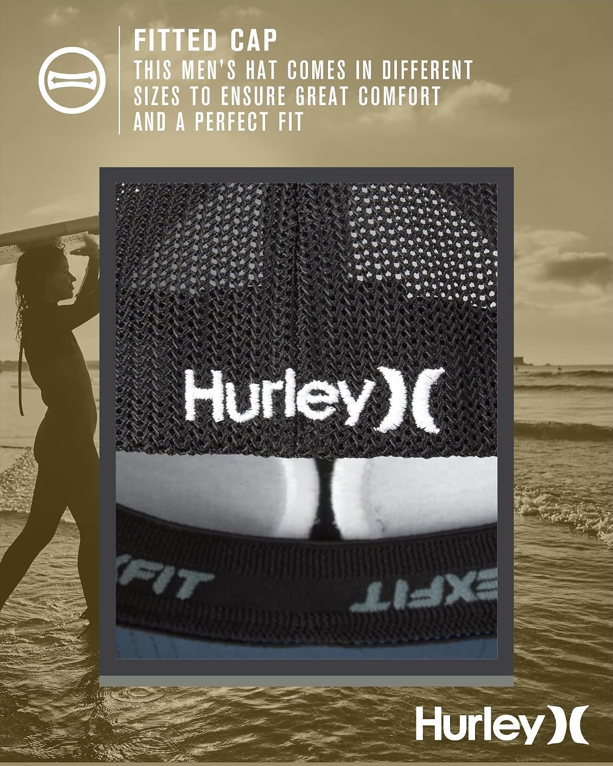 Hurley Mens Baseball Cap – Laguna Icon Mesh Stretch Trucker Hat with Curved Brim – Lightweight Breathable Fitted Hats for Men(Navy)