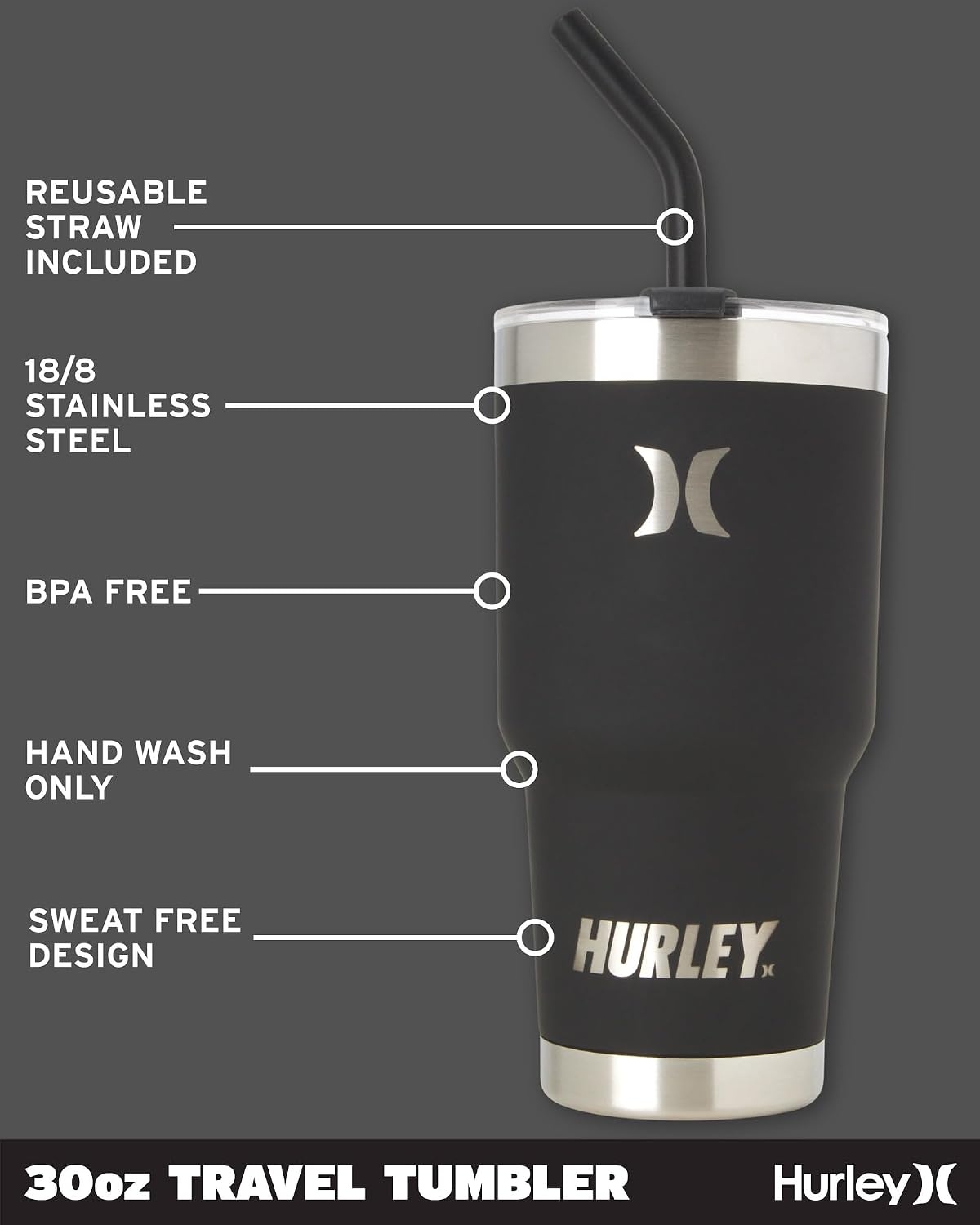 Hurley Tumbler Thermos – 30oz Double Wall Vacuum Insulated Travel Mug – BPA Free Stainless Steel Water Bottle – Leak Proof Hot and Cold Coffee Car Cup, Size 30 oz, Black