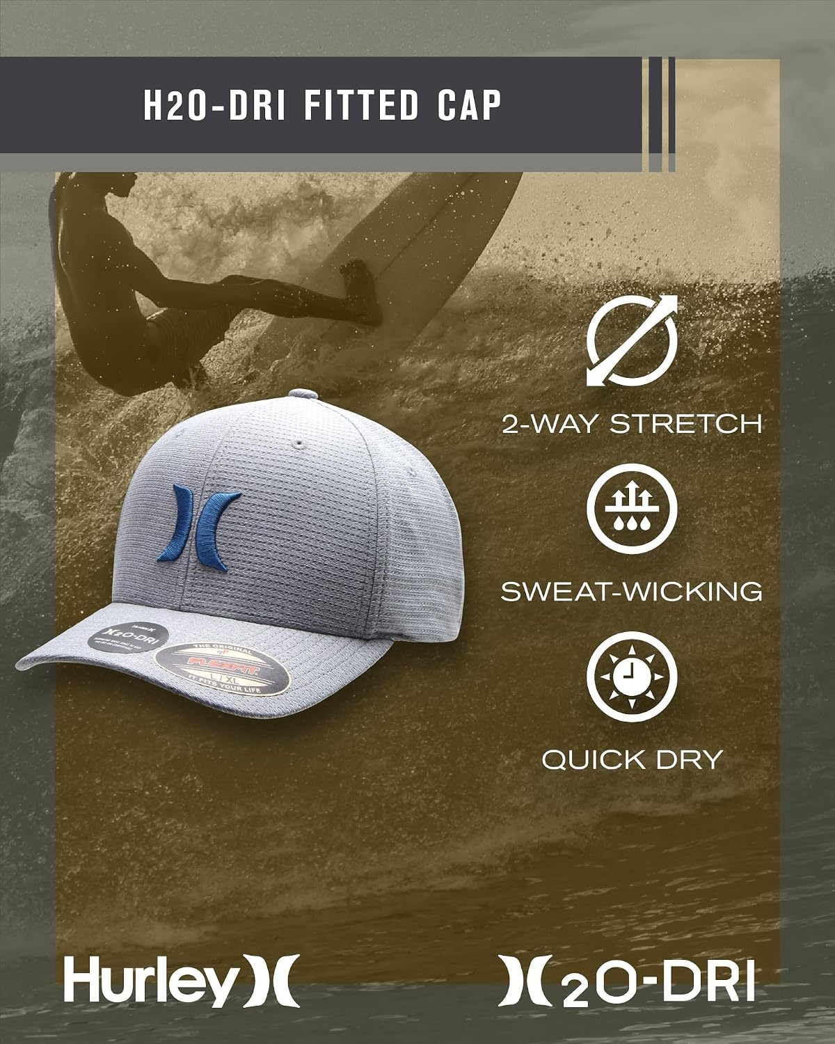Hurley Men’s Baseball Cap – Lightweight Curved Bill H2O Dri Fitted Caps for Men(Grey Heather)