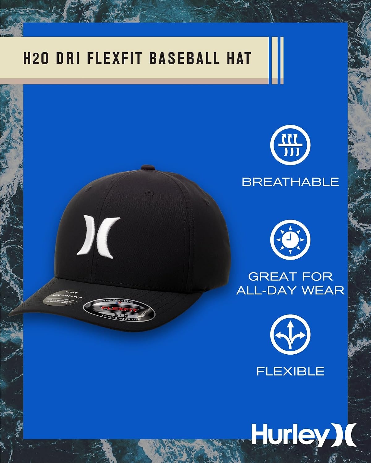 Hurley Mens Baseball Cap – Moisture Wicking Curved Brim Flexfit Fitted Hats for Men with H2O-Dri Sweatband (Sizes: S-XL)(Black/White)