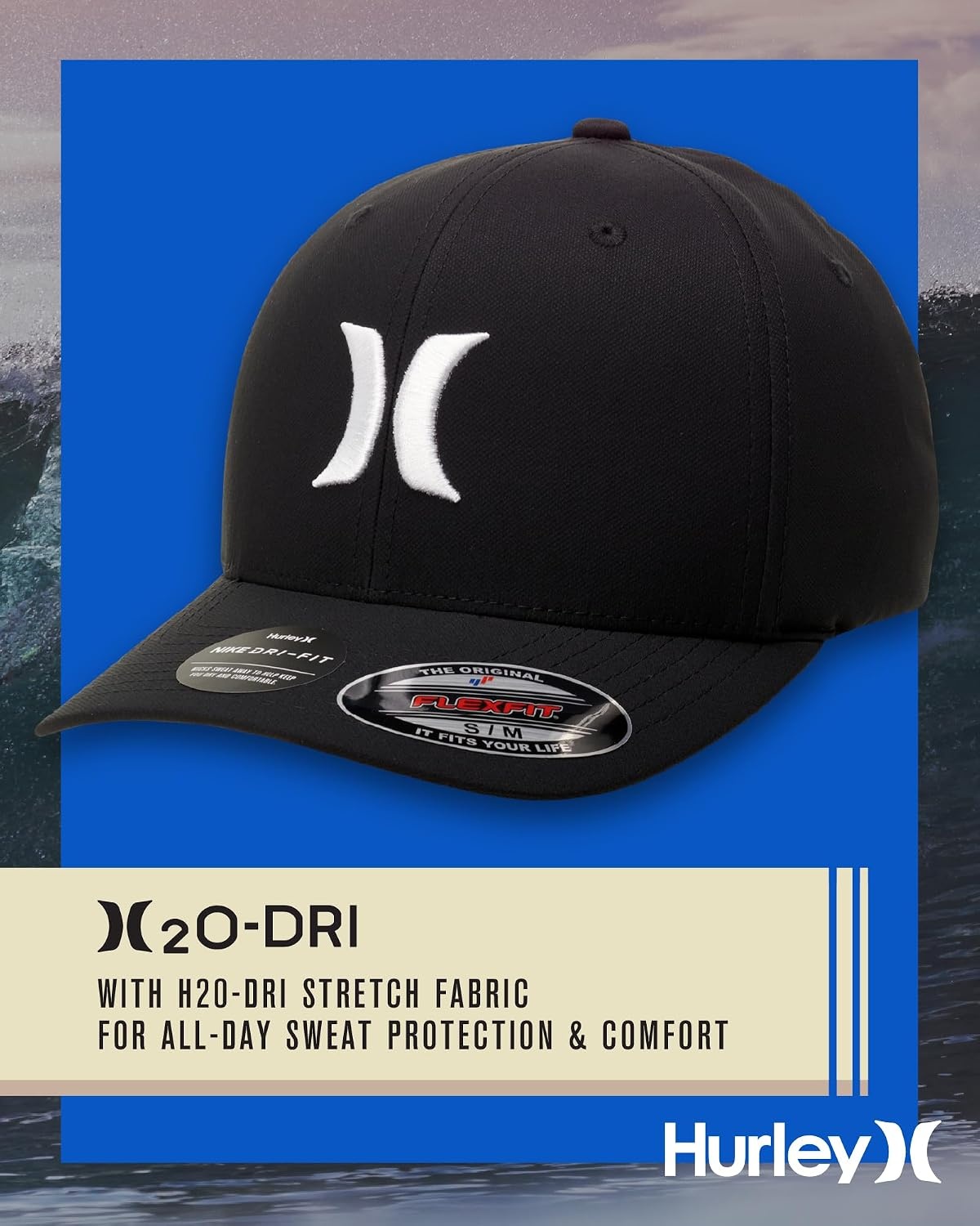 Hurley Mens Baseball Cap – Moisture Wicking Curved Brim Flexfit Fitted Hats for Men with H2O-Dri Sweatband (Sizes: S-XL)(Black/White)
