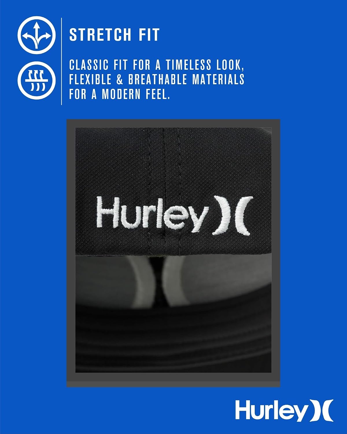 Hurley Mens Baseball Cap – Moisture Wicking Curved Brim Flexfit Fitted Hats for Men with H2O-Dri Sweatband (Sizes: S-XL)(Black/White)
