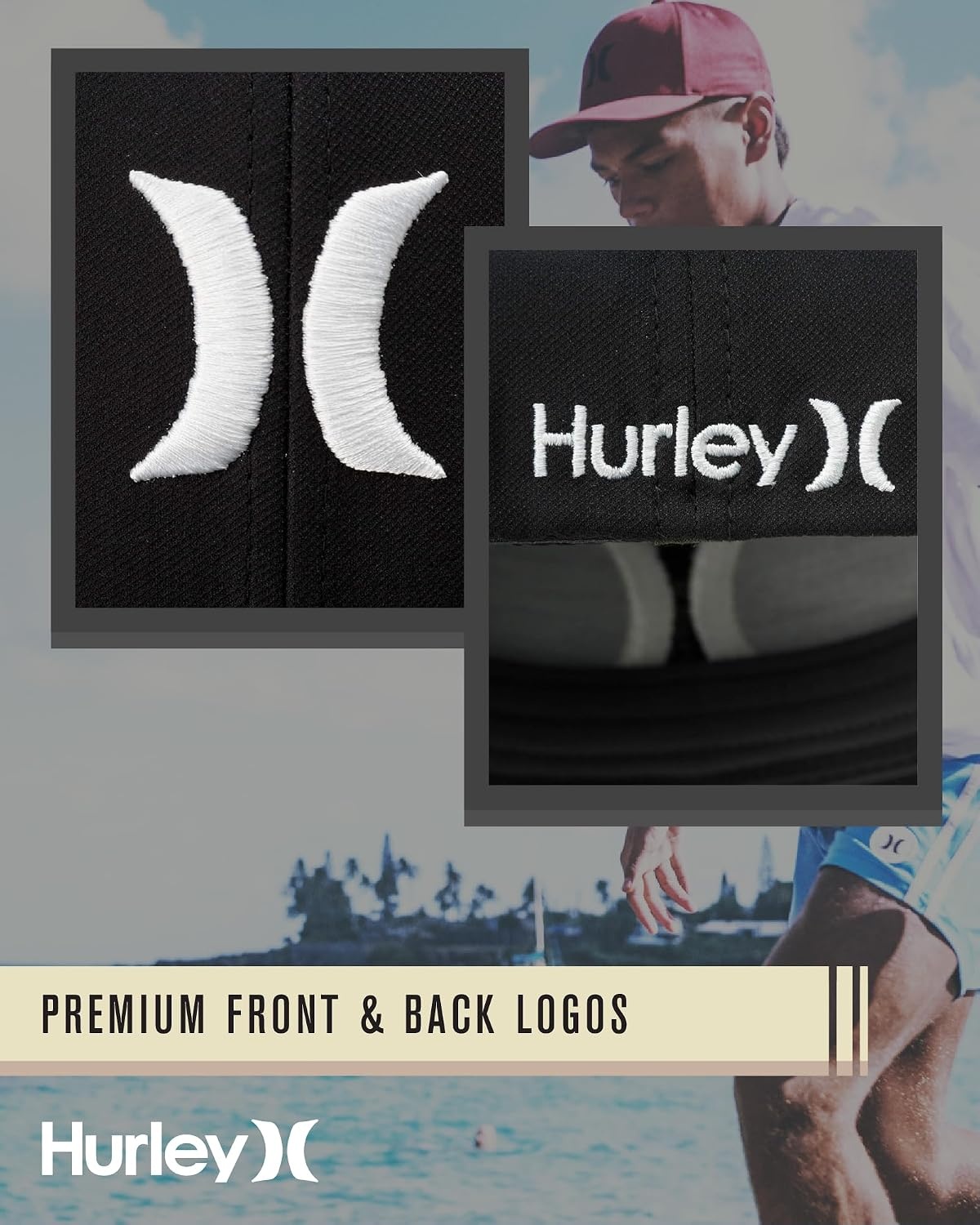 Hurley Mens Baseball Cap – Moisture Wicking Curved Brim Flexfit Fitted Hats for Men with H2O-Dri Sweatband (Sizes: S-XL)(Black/White)