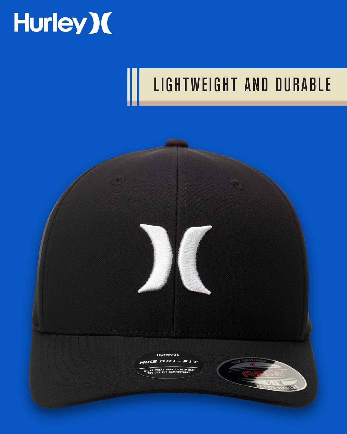 Hurley Mens Baseball Cap – Moisture Wicking Curved Brim Flexfit Fitted Hats for Men with H2O-Dri Sweatband (Sizes: S-XL)(Black/White)