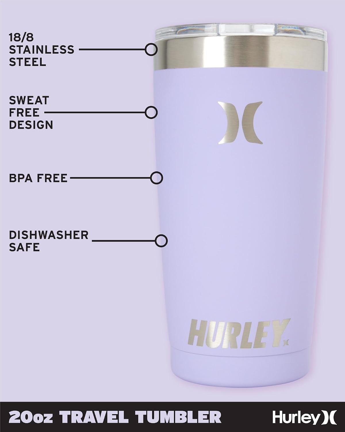 Hurley Tumbler Thermos – 20oz Double Wall Vacuum Insulated Travel Mug – BPA Free Stainless Steel Water Bottle – Leak Proof Hot and Cold Coffee Car Cup, Size 20 oz, Lilac