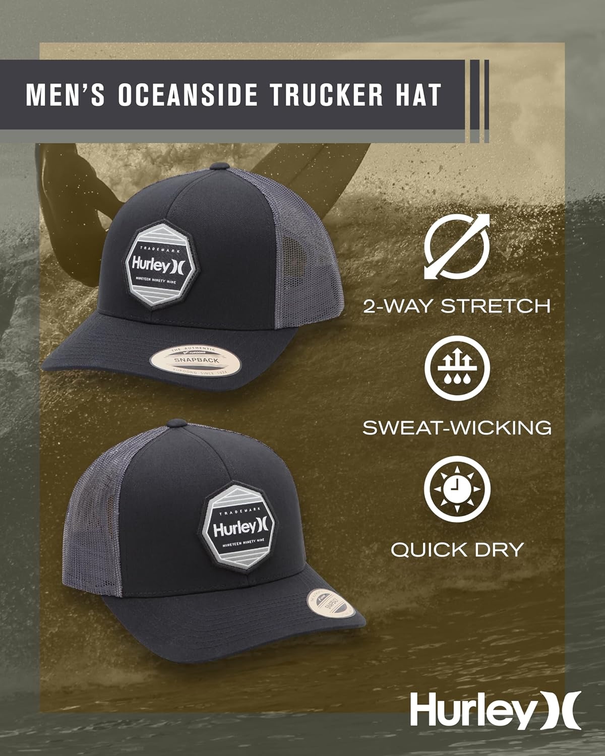 Hurley Mens Hat – Oceanside Flex Fitted Trucker Hat(Black/Grey)
