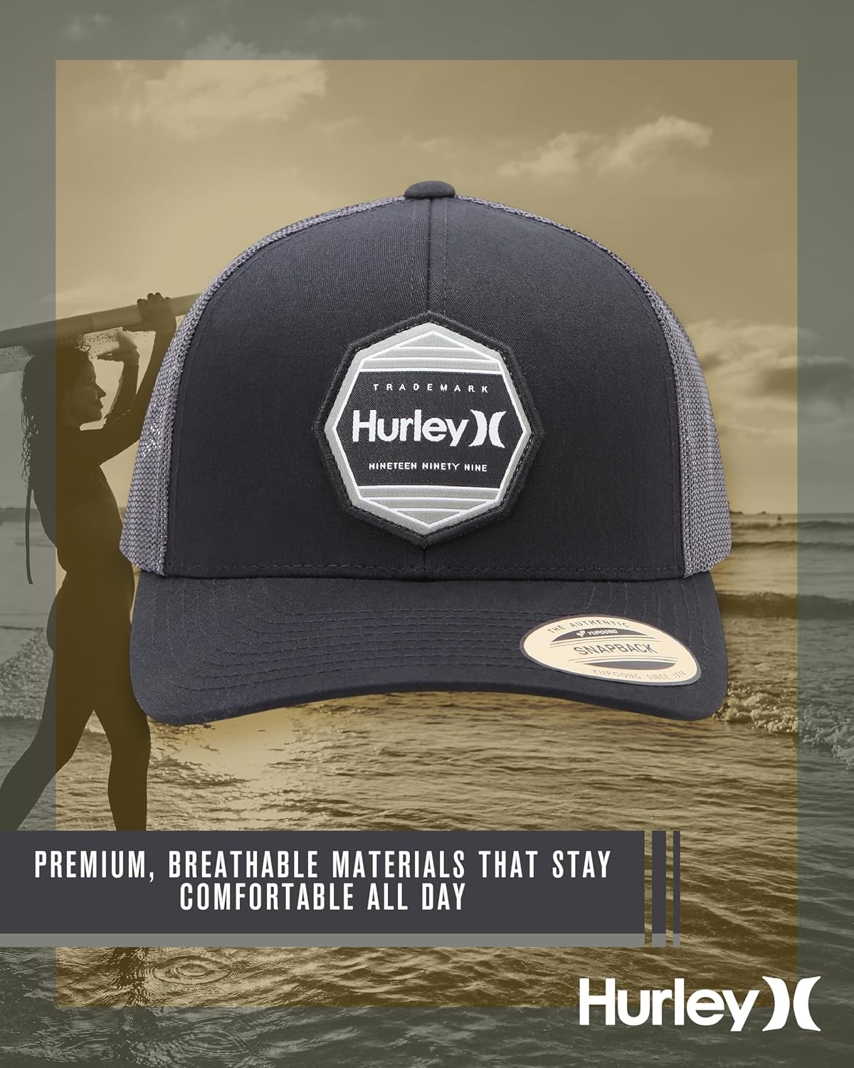 Hurley Mens Hat – Oceanside Flex Fitted Trucker Hat(Black/Grey)